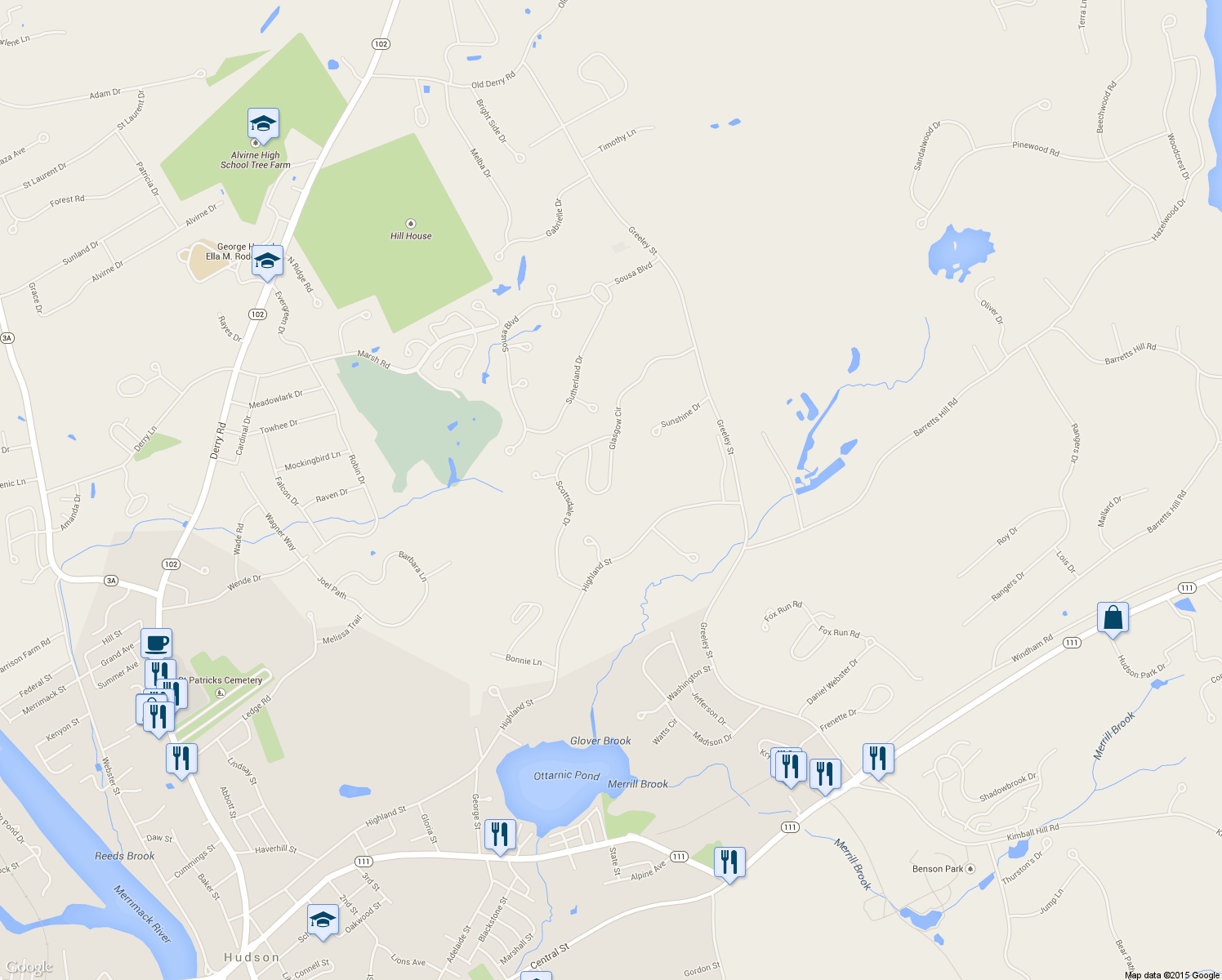 map of restaurants, bars, coffee shops, grocery stores, and more near 44 Glasgow Circle in Hudson