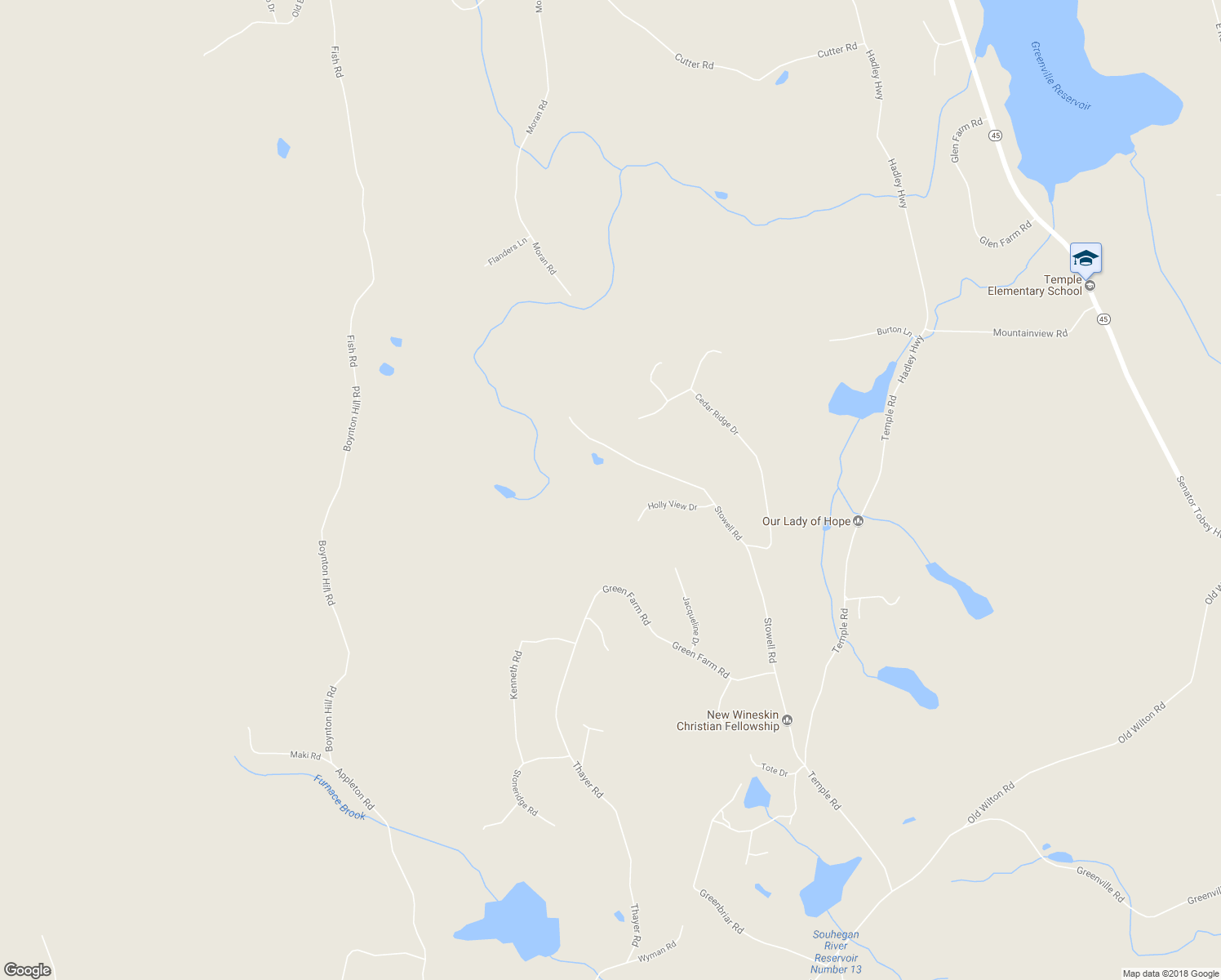 map of restaurants, bars, coffee shops, grocery stores, and more near 222 Stowell Road in New Ipswich