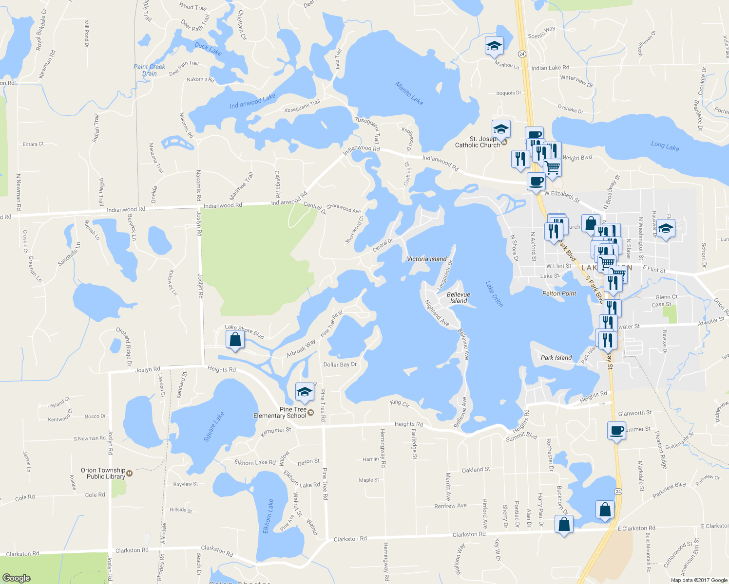 map of restaurants, bars, coffee shops, grocery stores, and more near 860 Island Point Drive in Orion charter Township