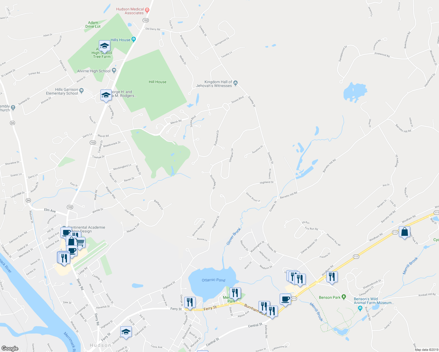map of restaurants, bars, coffee shops, grocery stores, and more near 56 Glasgow Circle in Hudson