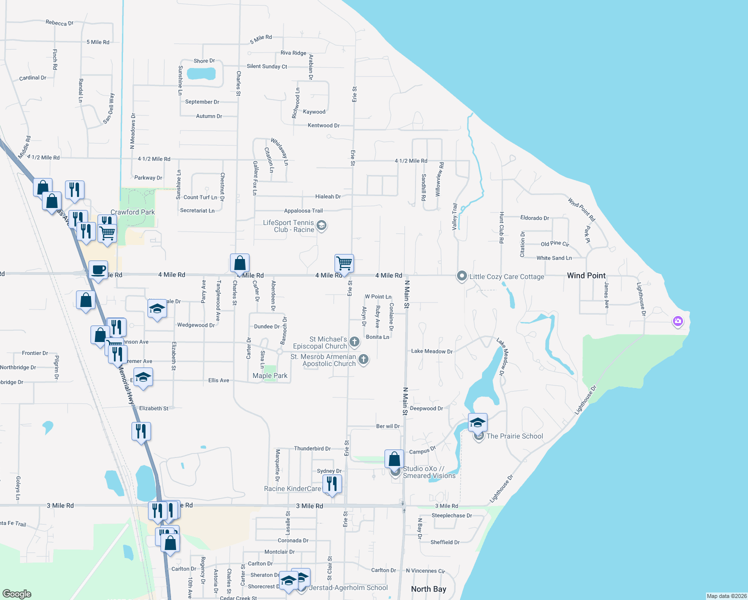 map of restaurants, bars, coffee shops, grocery stores, and more near 509 W Point Ln in Racine