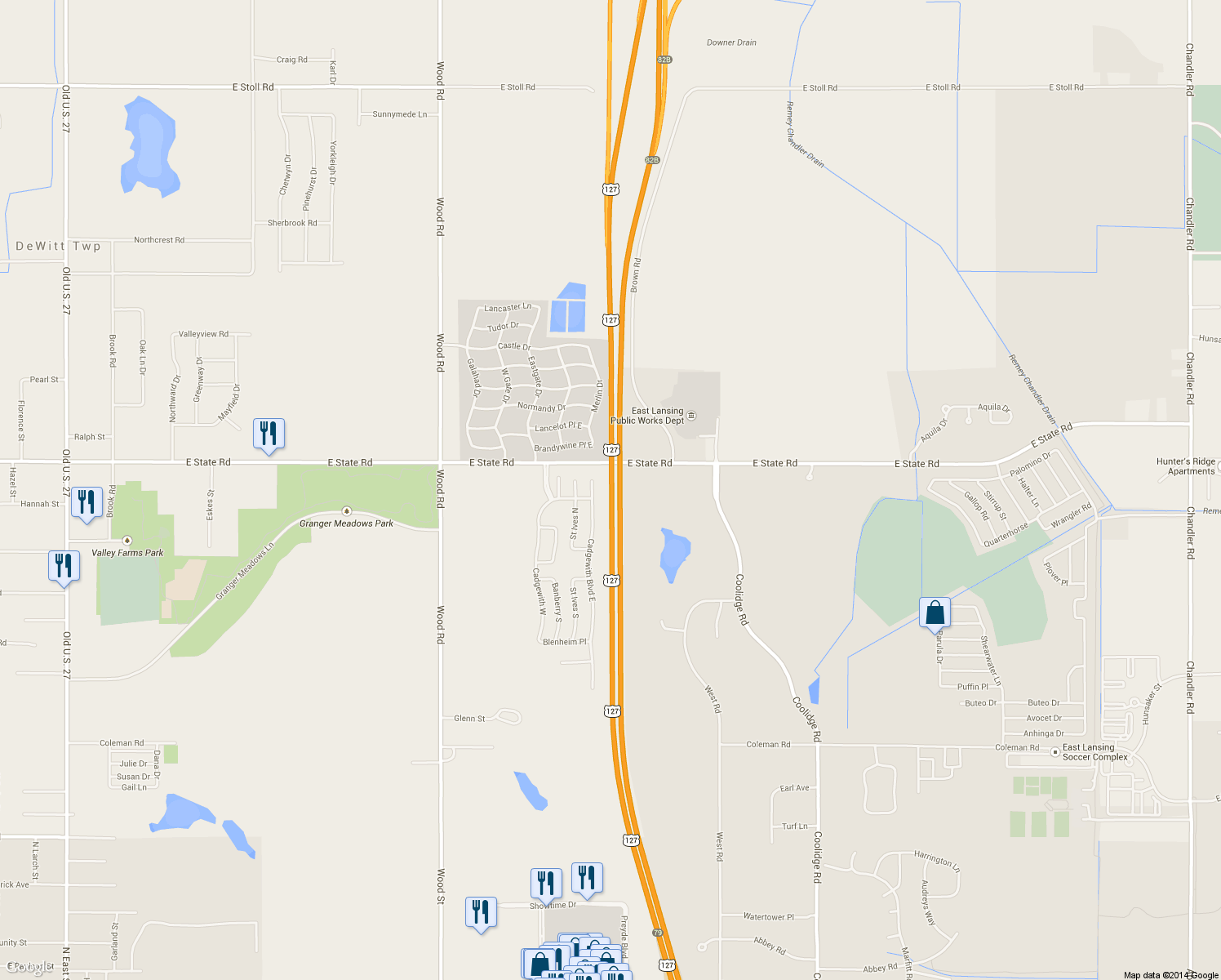 map of restaurants, bars, coffee shops, grocery stores, and more near U.S. 127 in Lansing