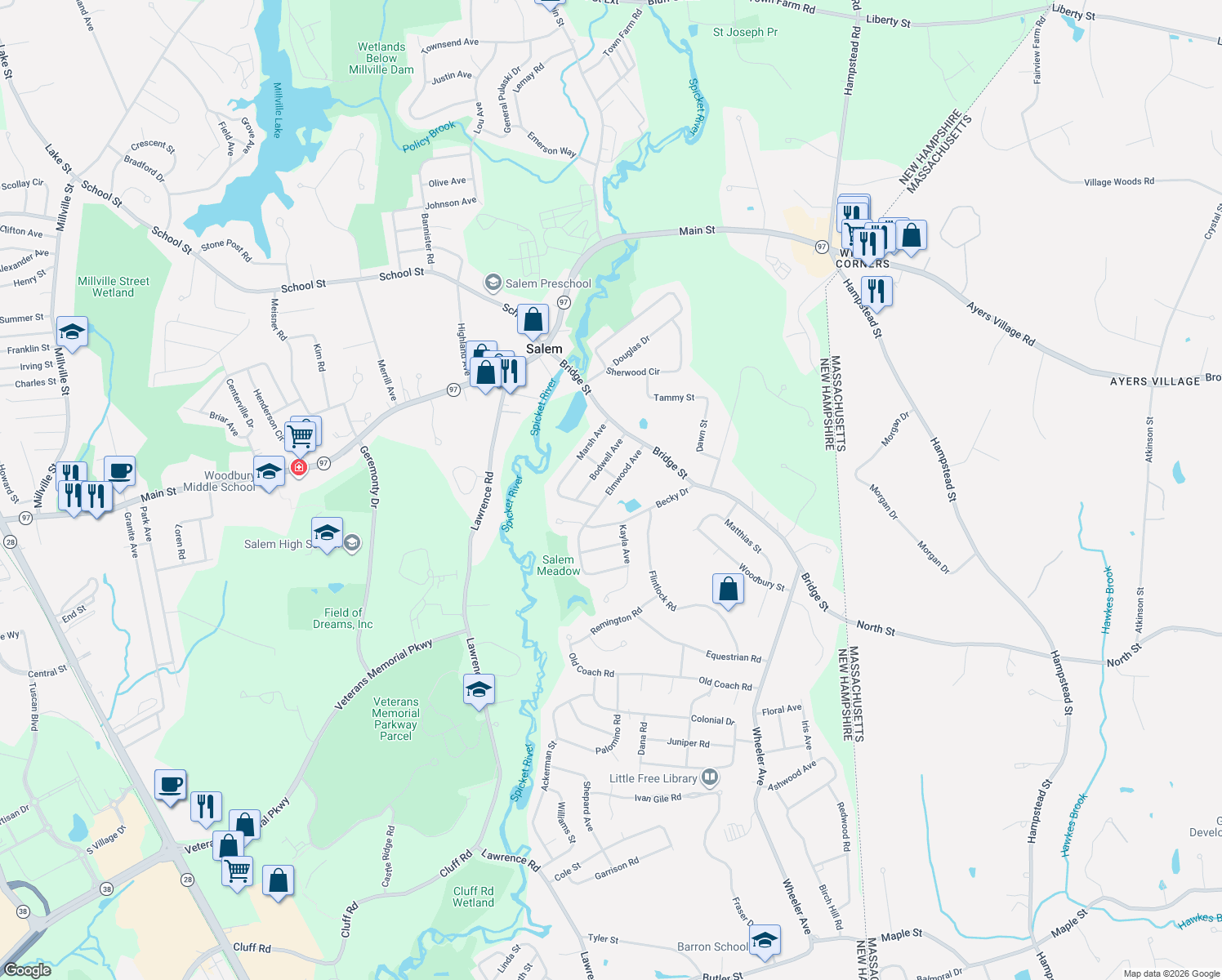 map of restaurants, bars, coffee shops, grocery stores, and more near 16 Elmwood Avenue in Salem