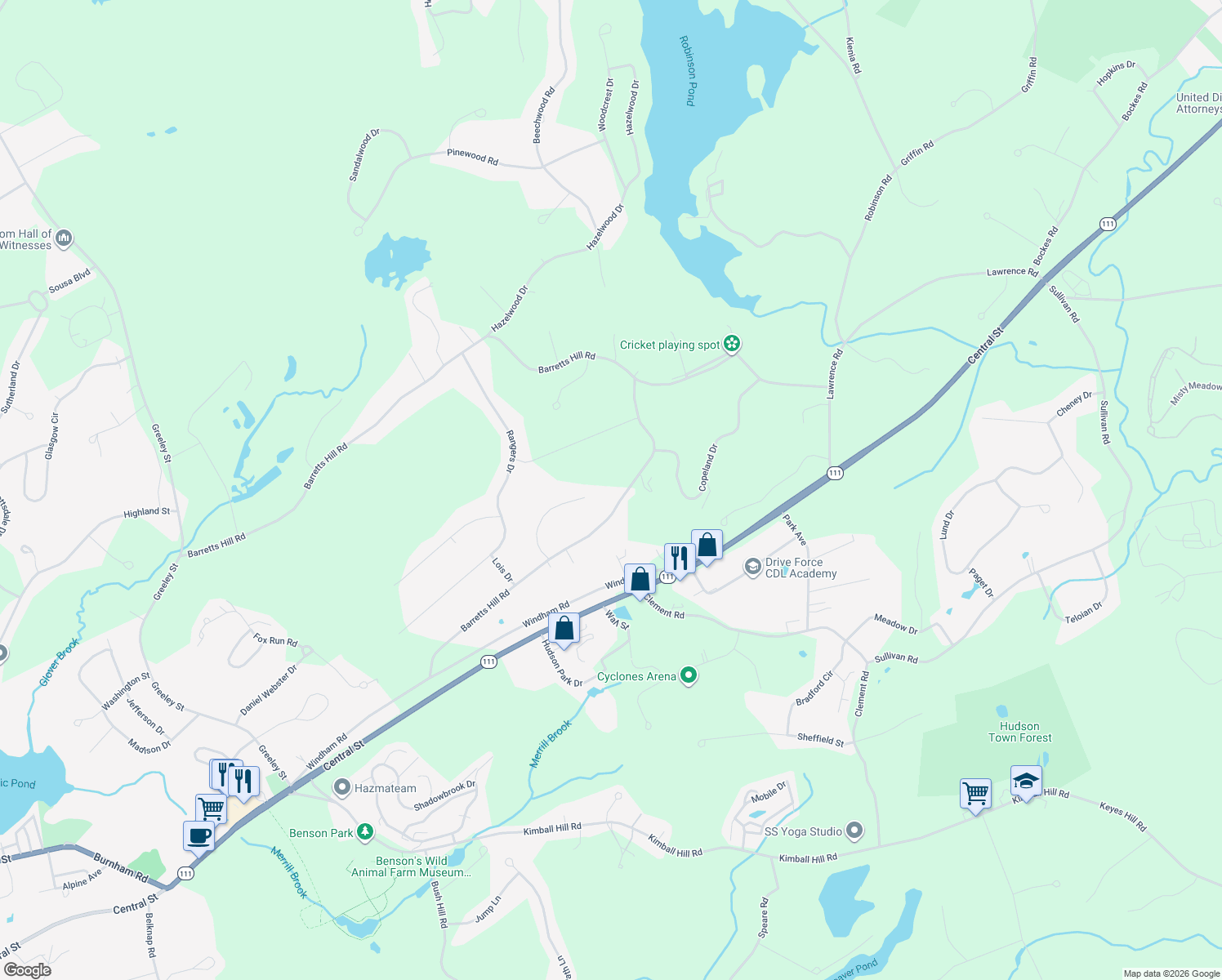 map of restaurants, bars, coffee shops, grocery stores, and more near 115 Barretts Hill Road in Hudson