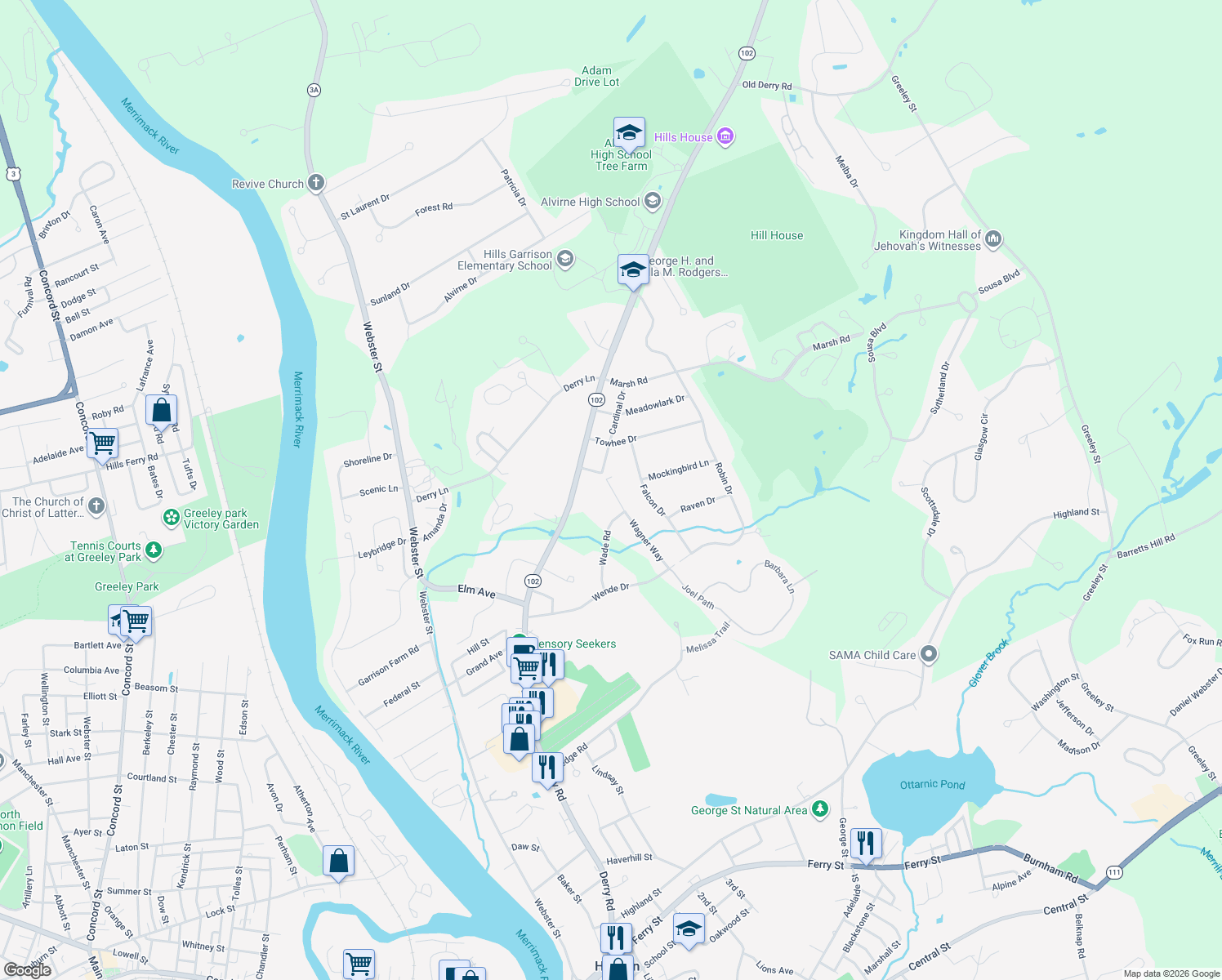 map of restaurants, bars, coffee shops, grocery stores, and more near 18 Wagner Way in Hudson