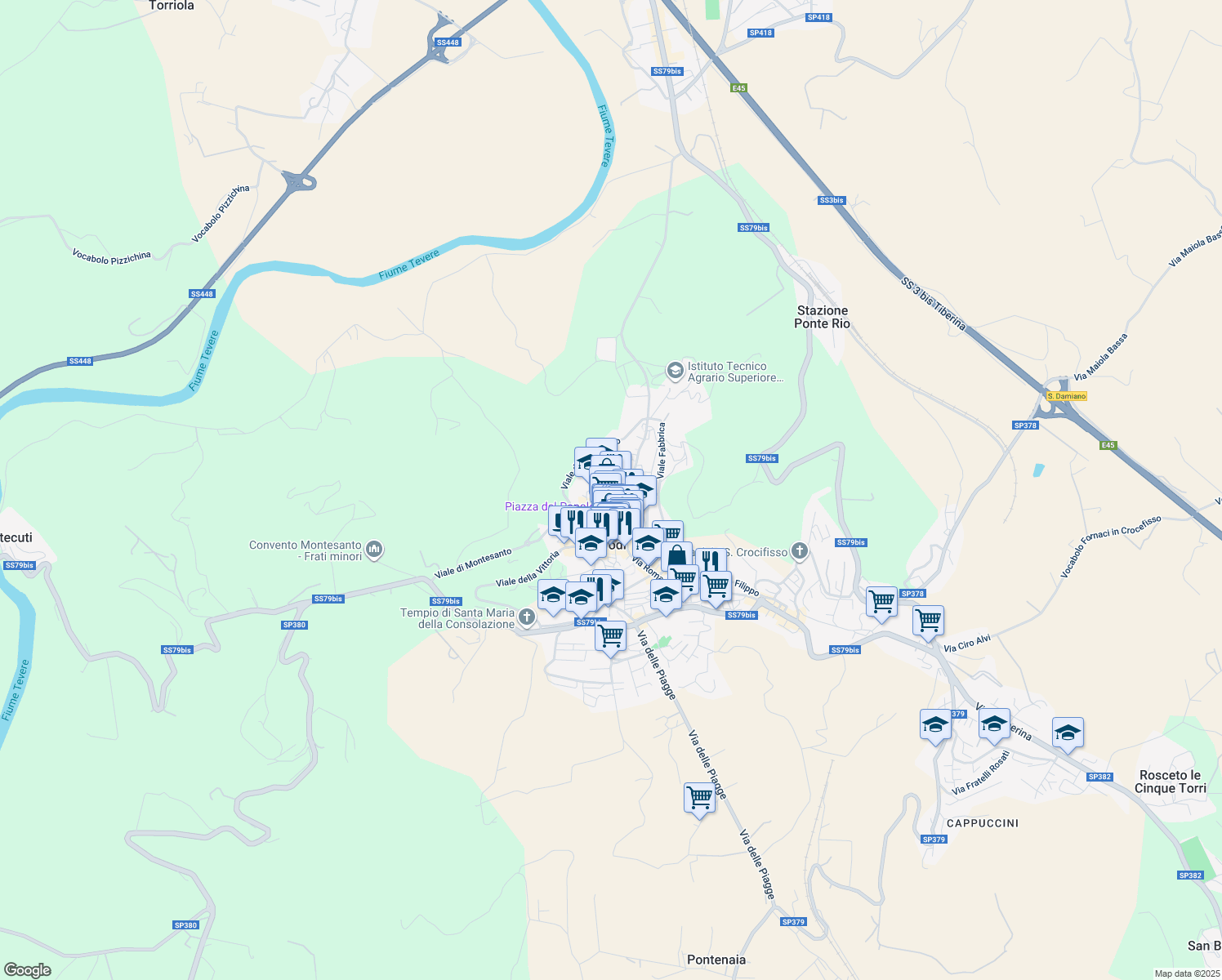 map of restaurants, bars, coffee shops, grocery stores, and more near Via San Bonaventura in Todi