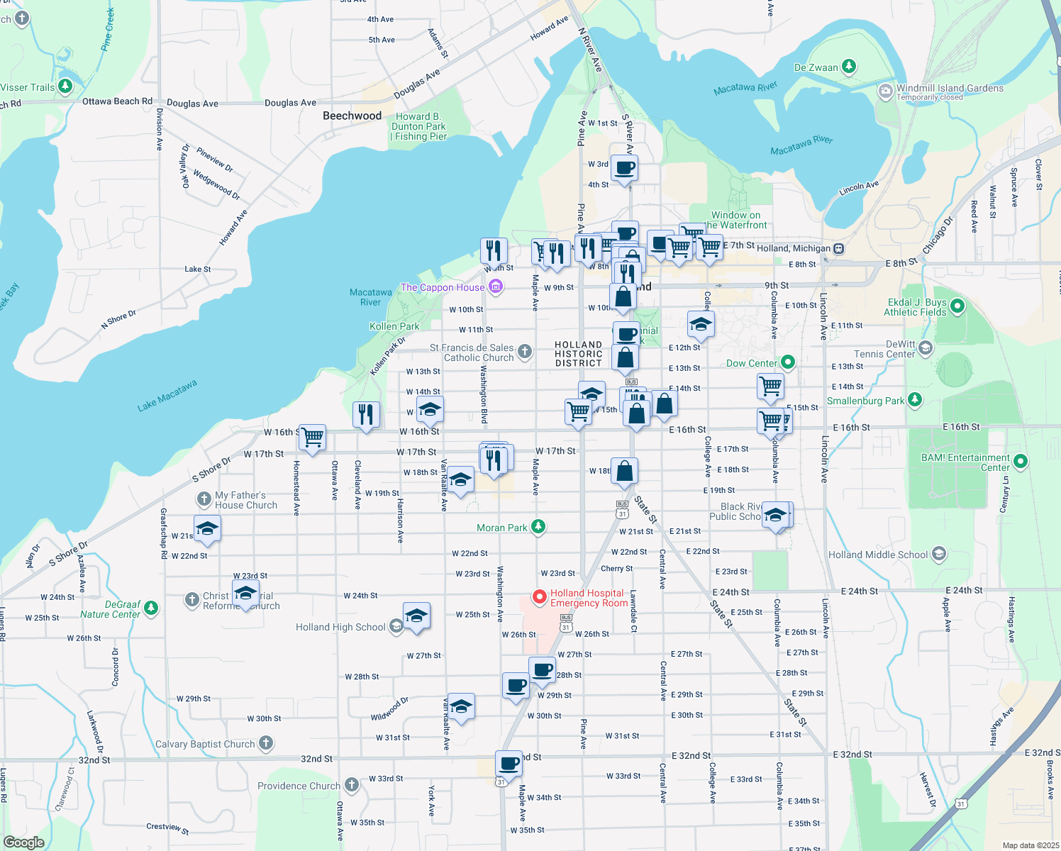 map of restaurants, bars, coffee shops, grocery stores, and more near 167 W 16th St in Holland