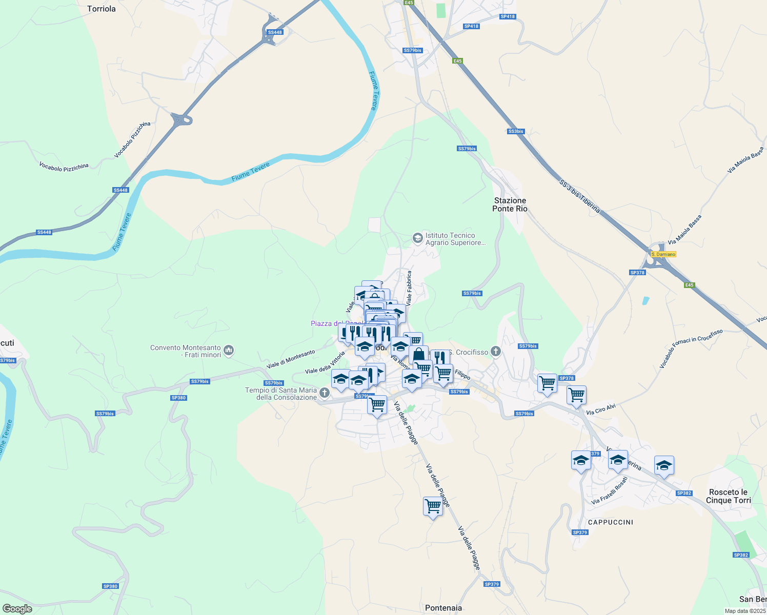 map of restaurants, bars, coffee shops, grocery stores, and more near Via San Bonaventura in Todi