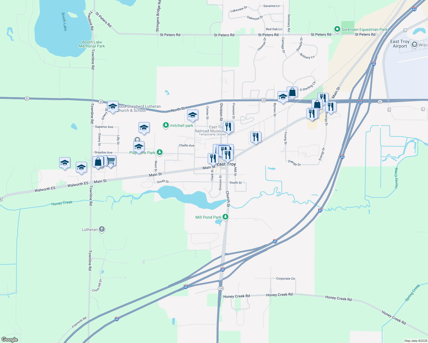 map of restaurants, bars, coffee shops, grocery stores, and more near 2116 Clark St in East Troy