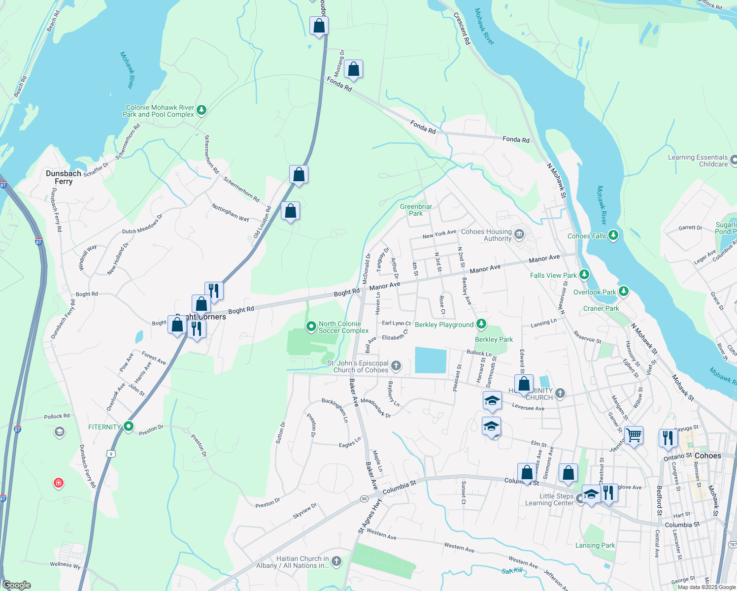 map of restaurants, bars, coffee shops, grocery stores, and more near 3 Baker Ave in Cohoes