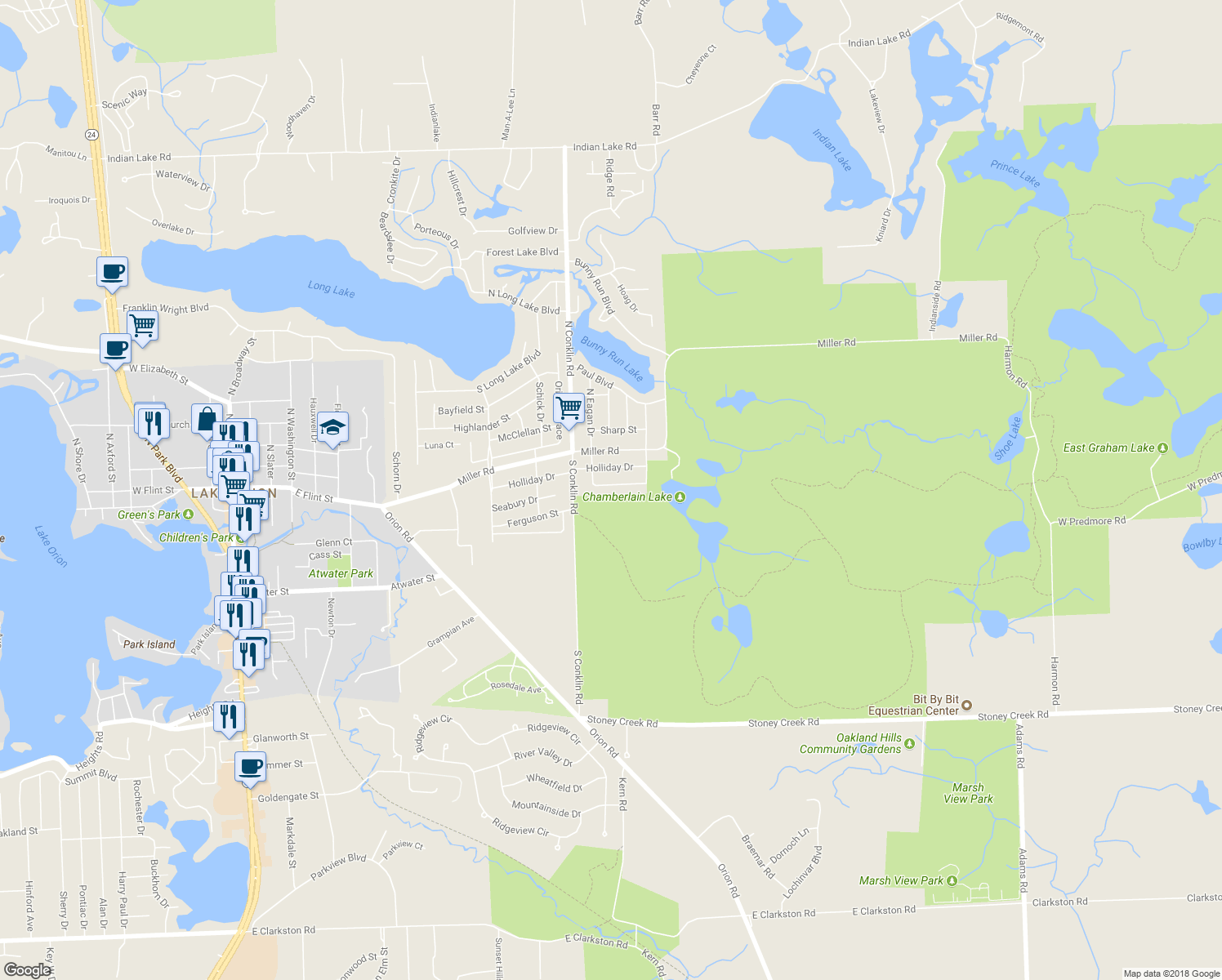 map of restaurants, bars, coffee shops, grocery stores, and more near 1352 Harding Avenue in Orion charter Township