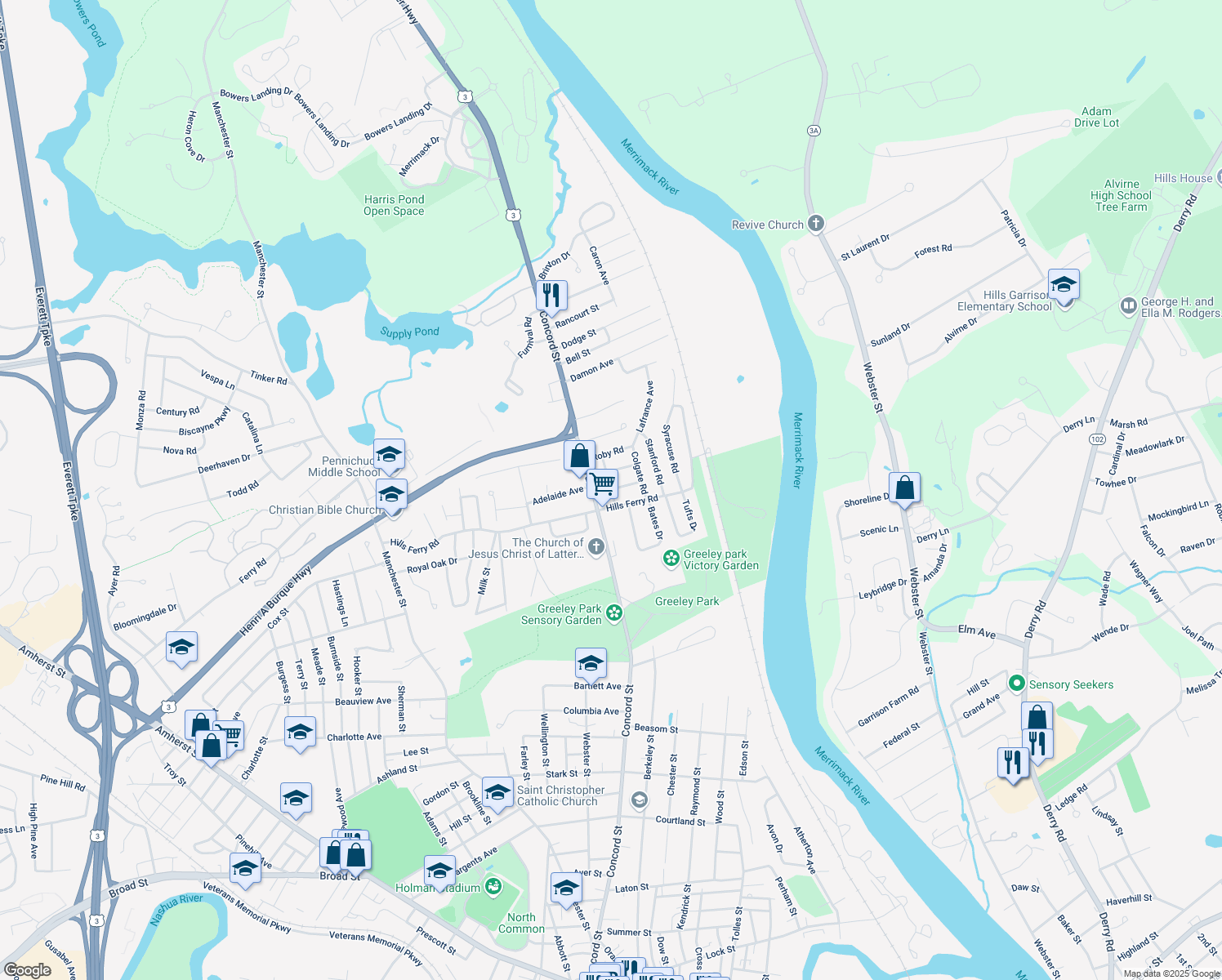 map of restaurants, bars, coffee shops, grocery stores, and more near 133 Princeton Rd in Nashua