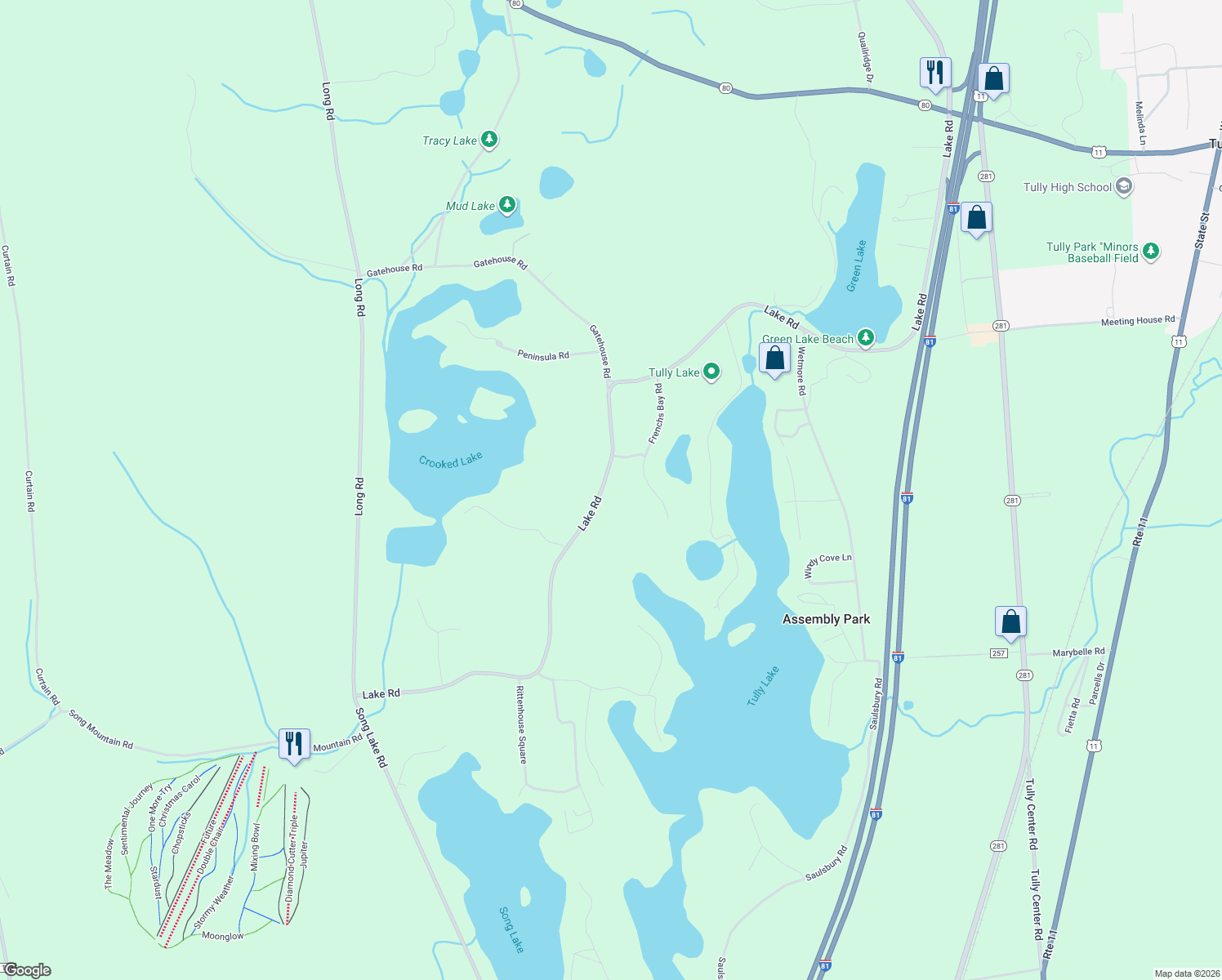 map of restaurants, bars, coffee shops, grocery stores, and more near 5450 Lake Rd in Tully