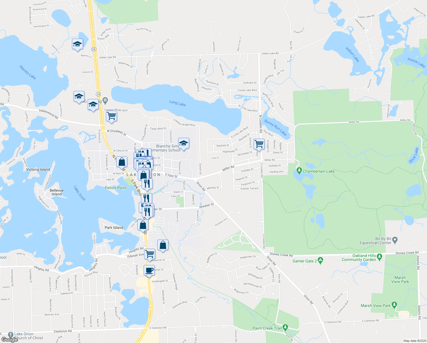 map of restaurants, bars, coffee shops, grocery stores, and more near 725 Miller Road in Orion charter Township