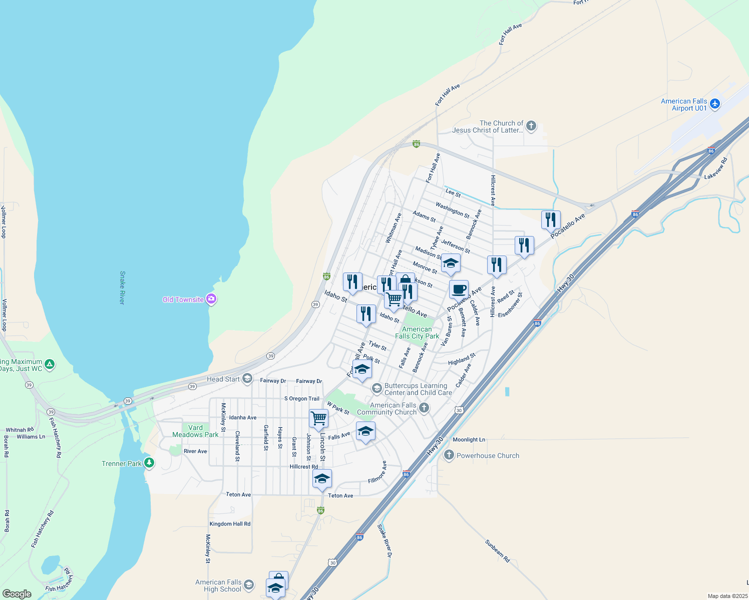 map of restaurants, bars, coffee shops, grocery stores, and more near 180 Harrison St in American Falls