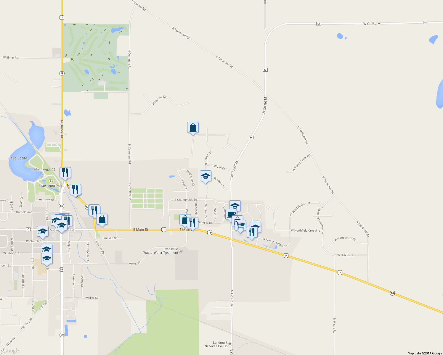 map of restaurants, bars, coffee shops, grocery stores, and more near 13906 West Elaine Drive in Evansville