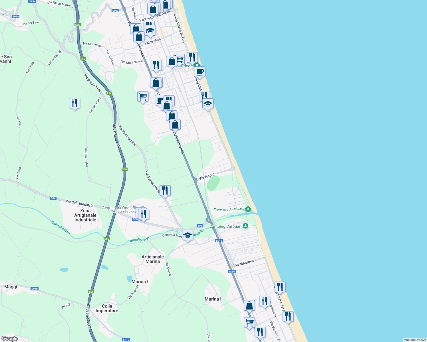 map of restaurants, bars, coffee shops, grocery stores, and more near 29 Via Torino in Tortoreto Lido