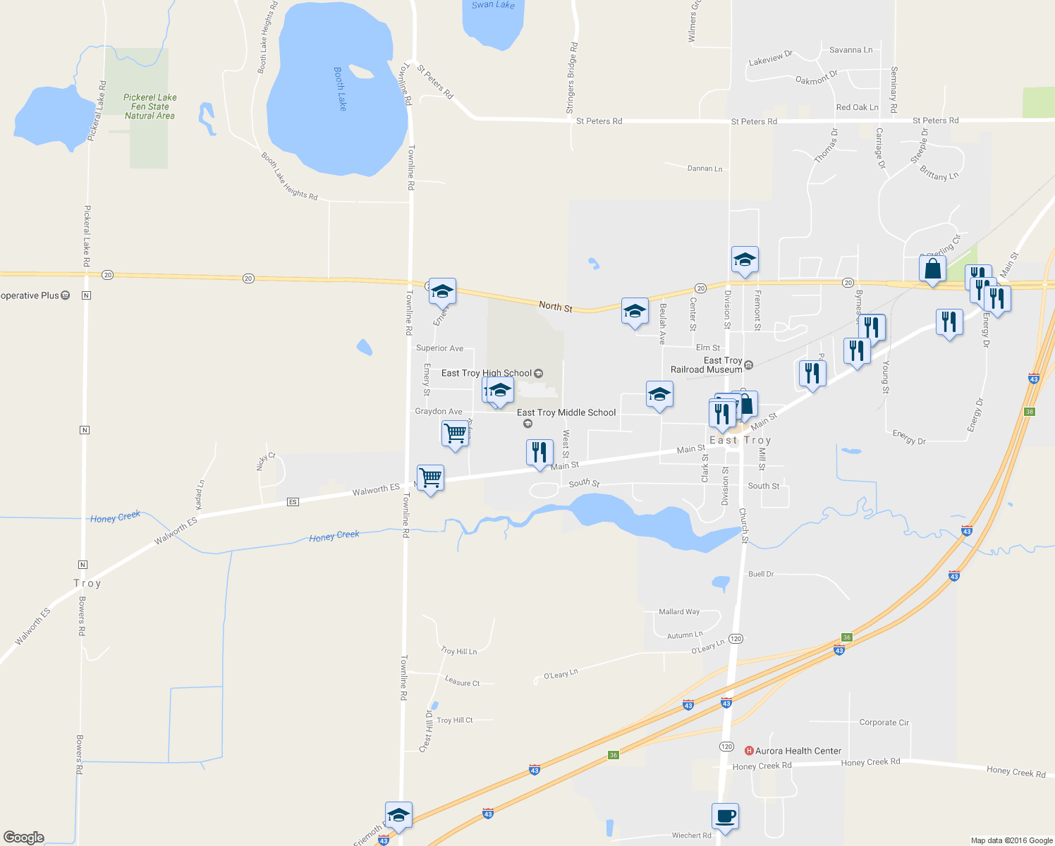 map of restaurants, bars, coffee shops, grocery stores, and more near 3143 Graydon Avenue in East Troy