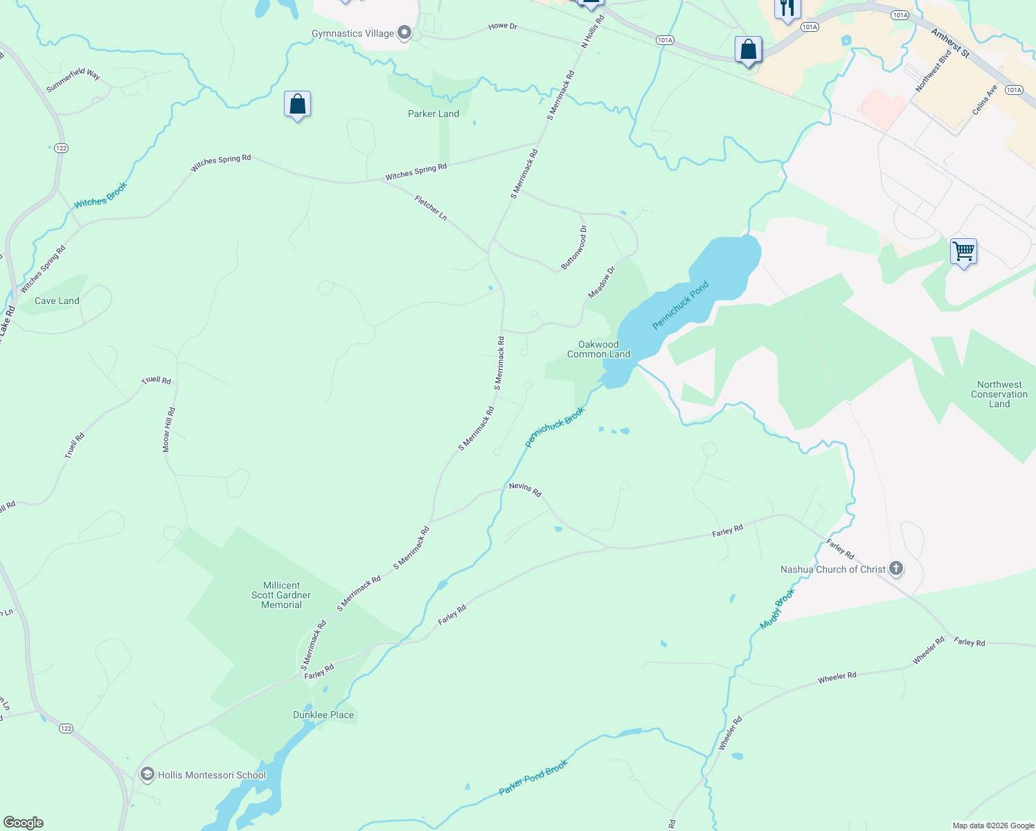 map of restaurants, bars, coffee shops, grocery stores, and more near 30 Marion Dr in Hollis