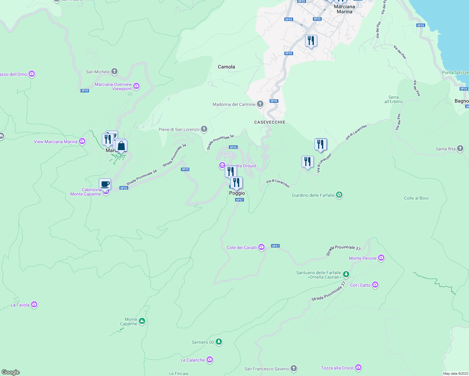 map of restaurants, bars, coffee shops, grocery stores, and more near in Poggio
