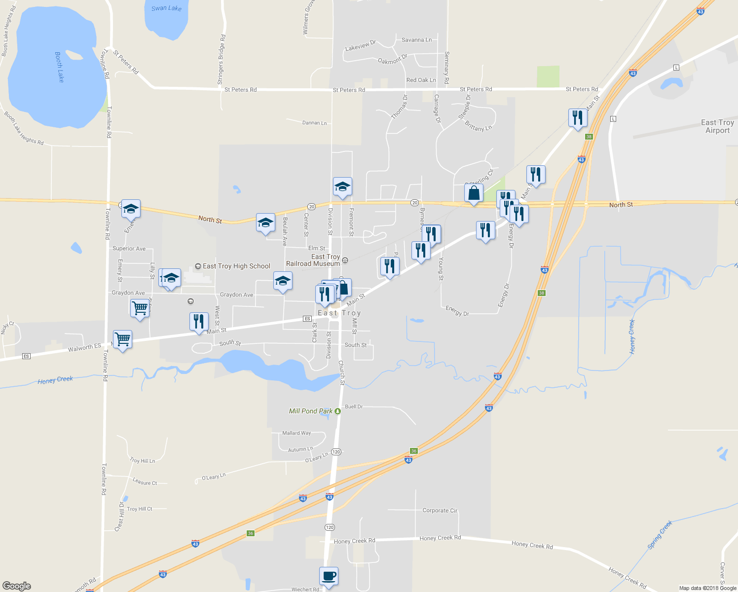 map of restaurants, bars, coffee shops, grocery stores, and more near 2809 Main Street in East Troy