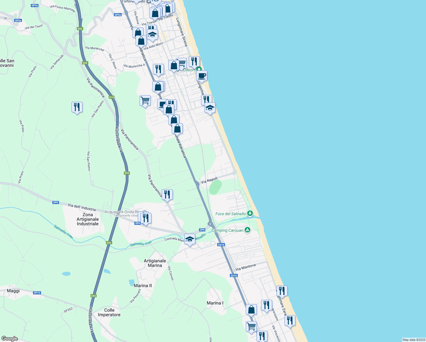 map of restaurants, bars, coffee shops, grocery stores, and more near 29 Via Torino in Tortoreto Lido