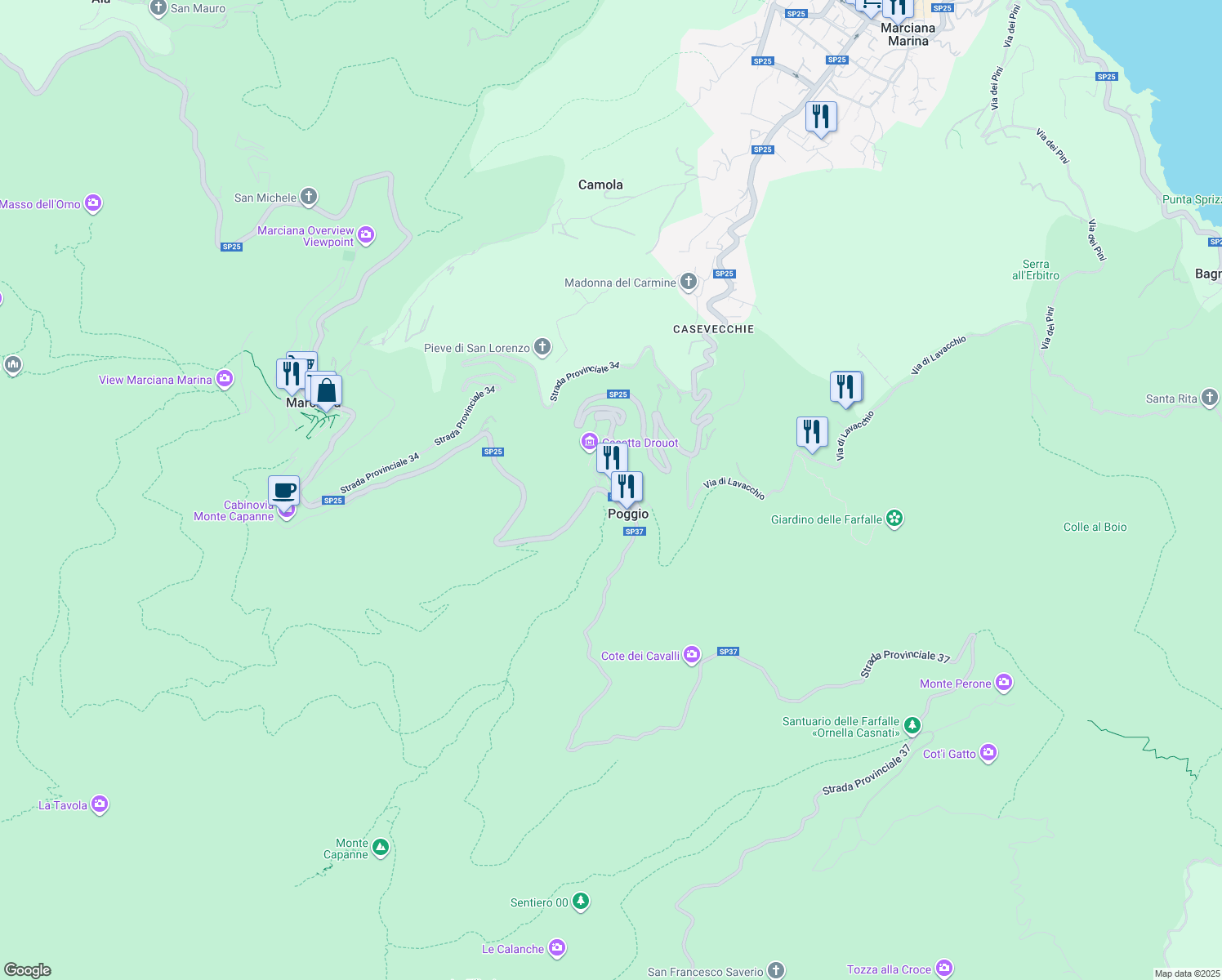 map of restaurants, bars, coffee shops, grocery stores, and more near 17 Via della Fontanella in Poggio