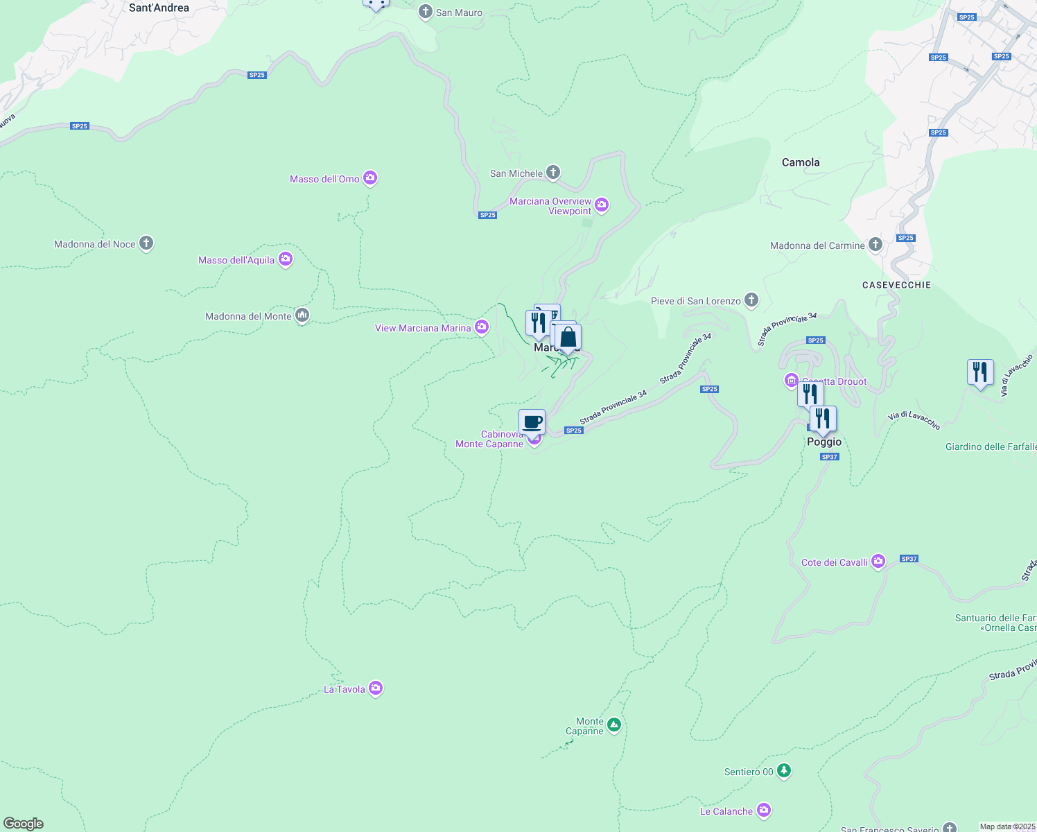 map of restaurants, bars, coffee shops, grocery stores, and more near 58 Via della Rena in Provincia di Livorno