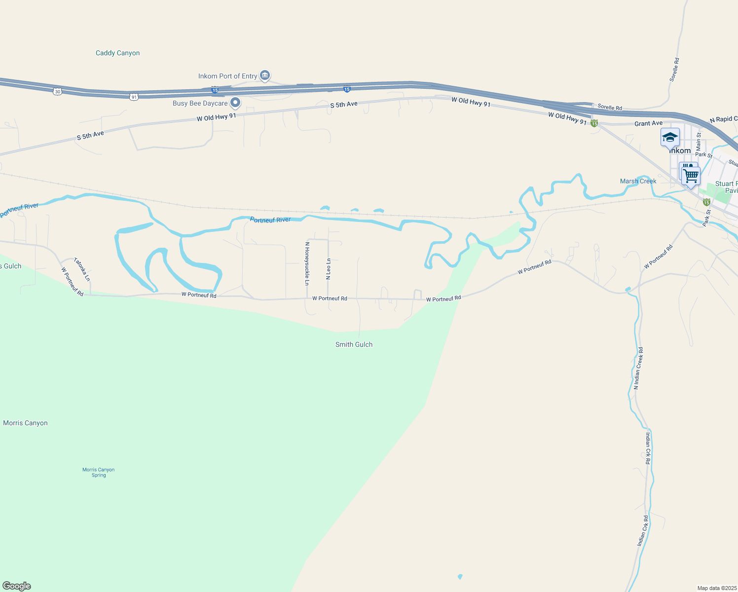 map of restaurants, bars, coffee shops, grocery stores, and more near 2958 West Portneuf Road in Inkom