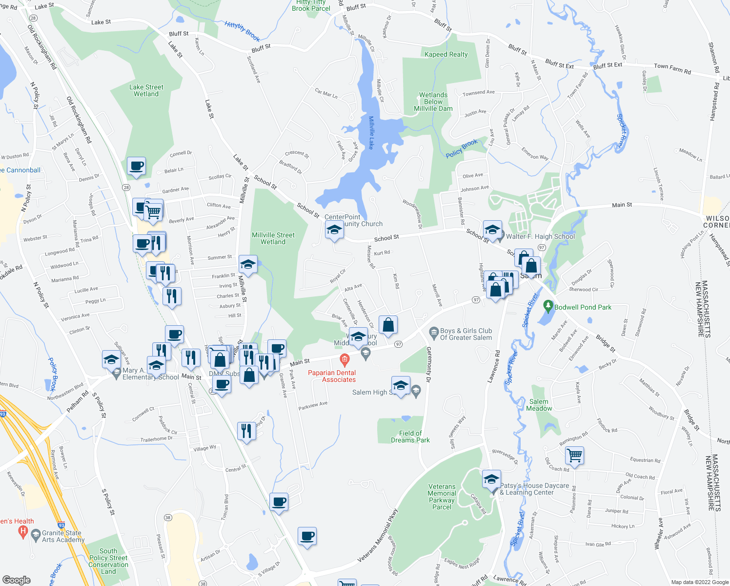 map of restaurants, bars, coffee shops, grocery stores, and more near 22 Alta Avenue in Salem