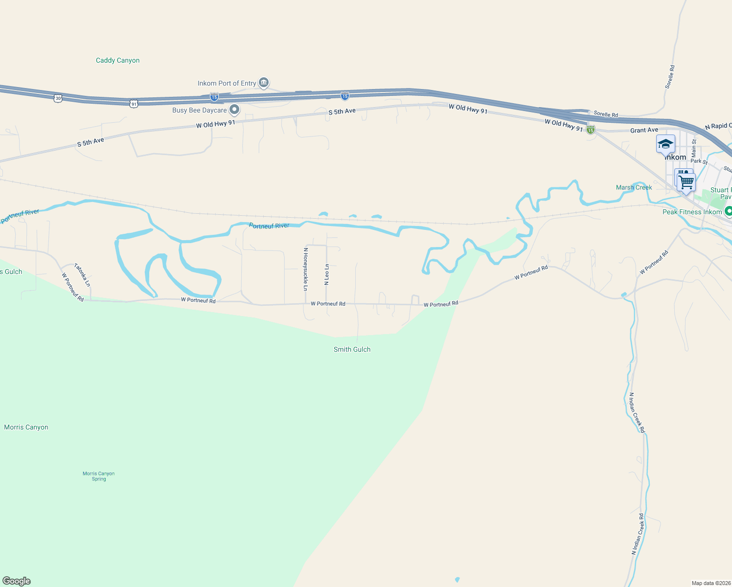 map of restaurants, bars, coffee shops, grocery stores, and more near 2958 West Portneuf Road in Inkom