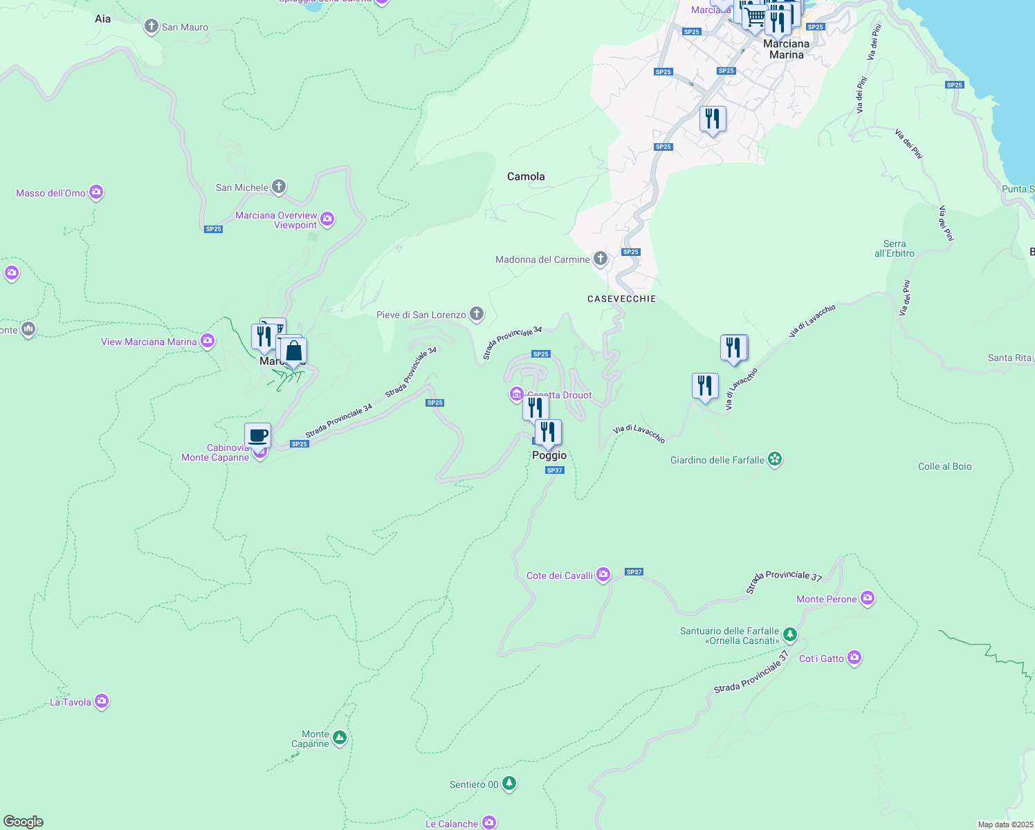 map of restaurants, bars, coffee shops, grocery stores, and more near 17 Via della Fontanella in Poggio