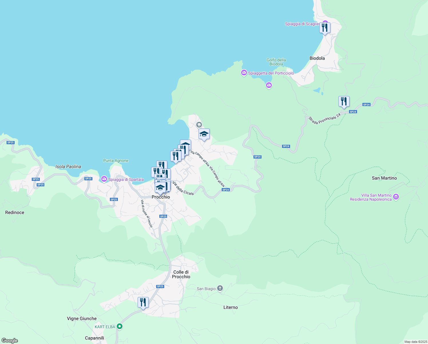 map of restaurants, bars, coffee shops, grocery stores, and more near 279 Via Campo all'Aia in Procchio