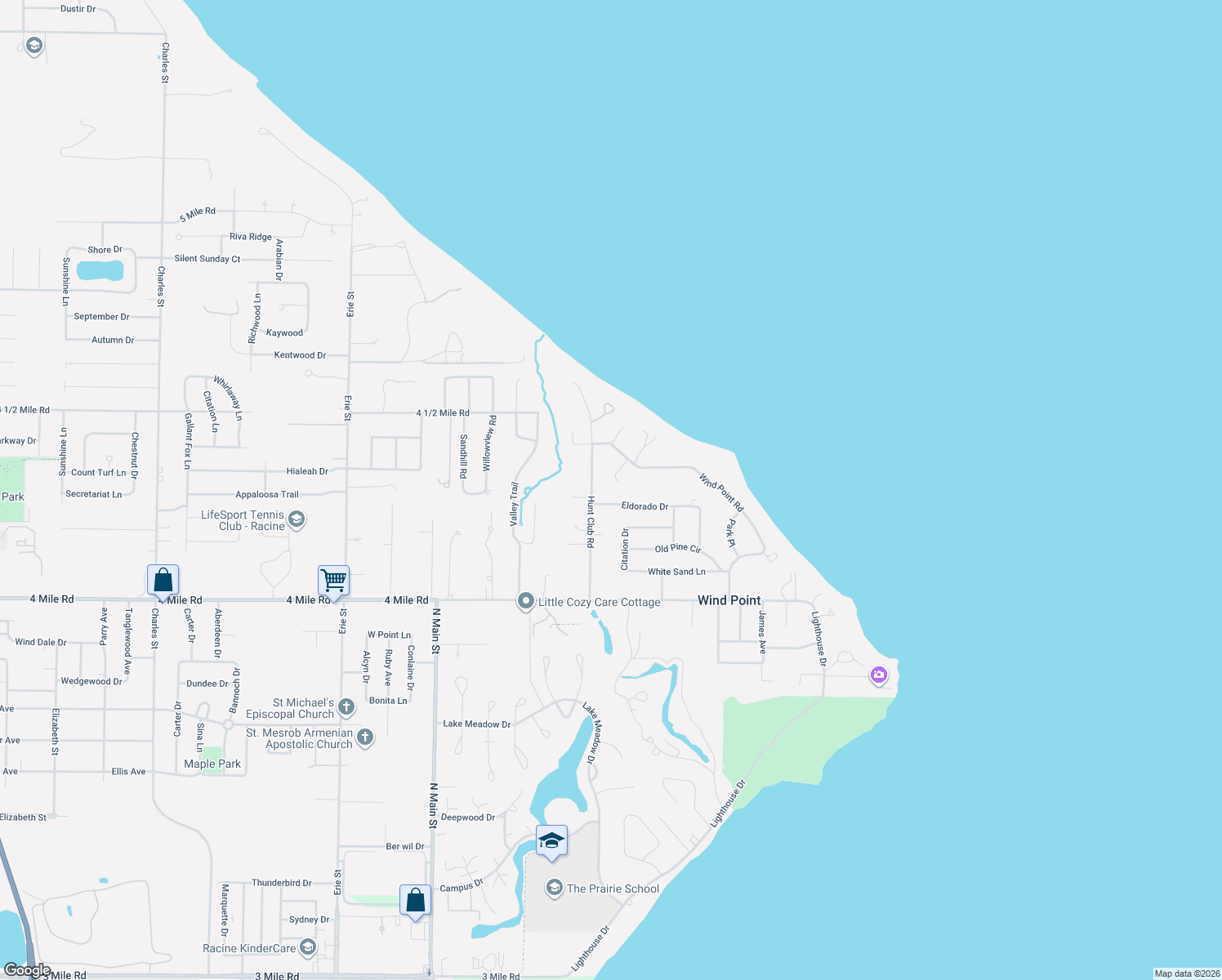 map of restaurants, bars, coffee shops, grocery stores, and more near 16 Redwing Lane in Racine