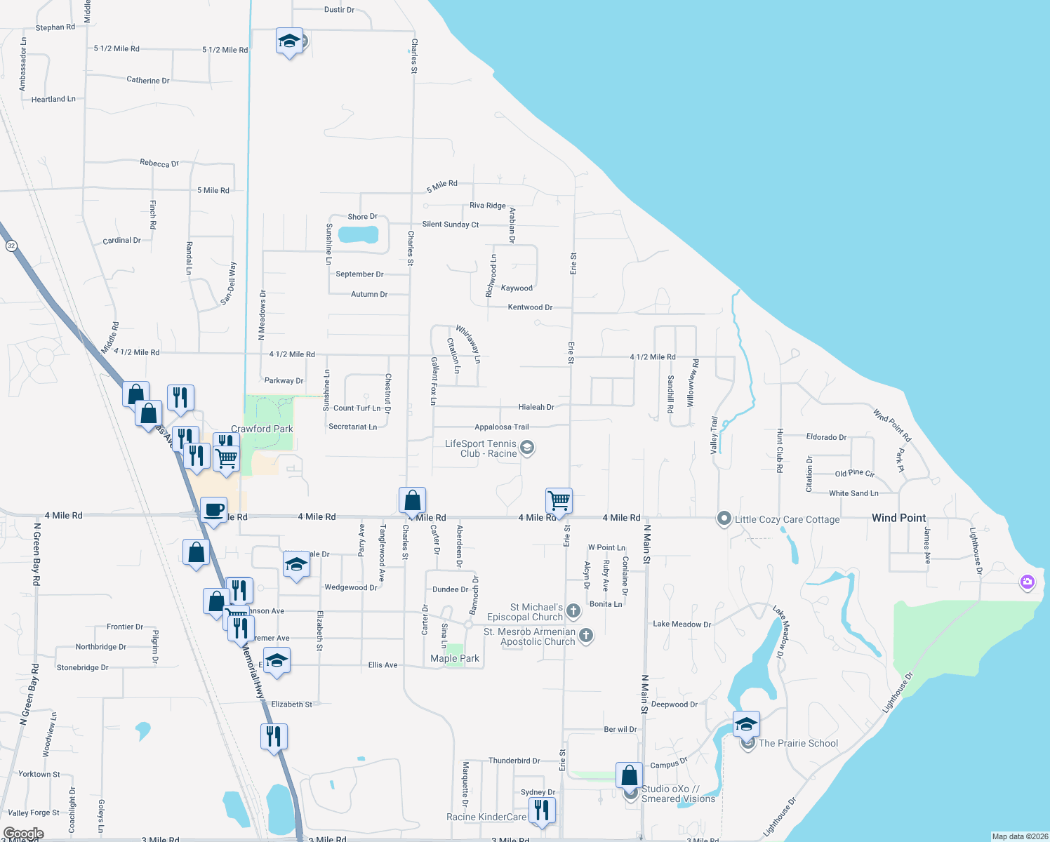 map of restaurants, bars, coffee shops, grocery stores, and more near 808 Appaloosa Trail in Racine