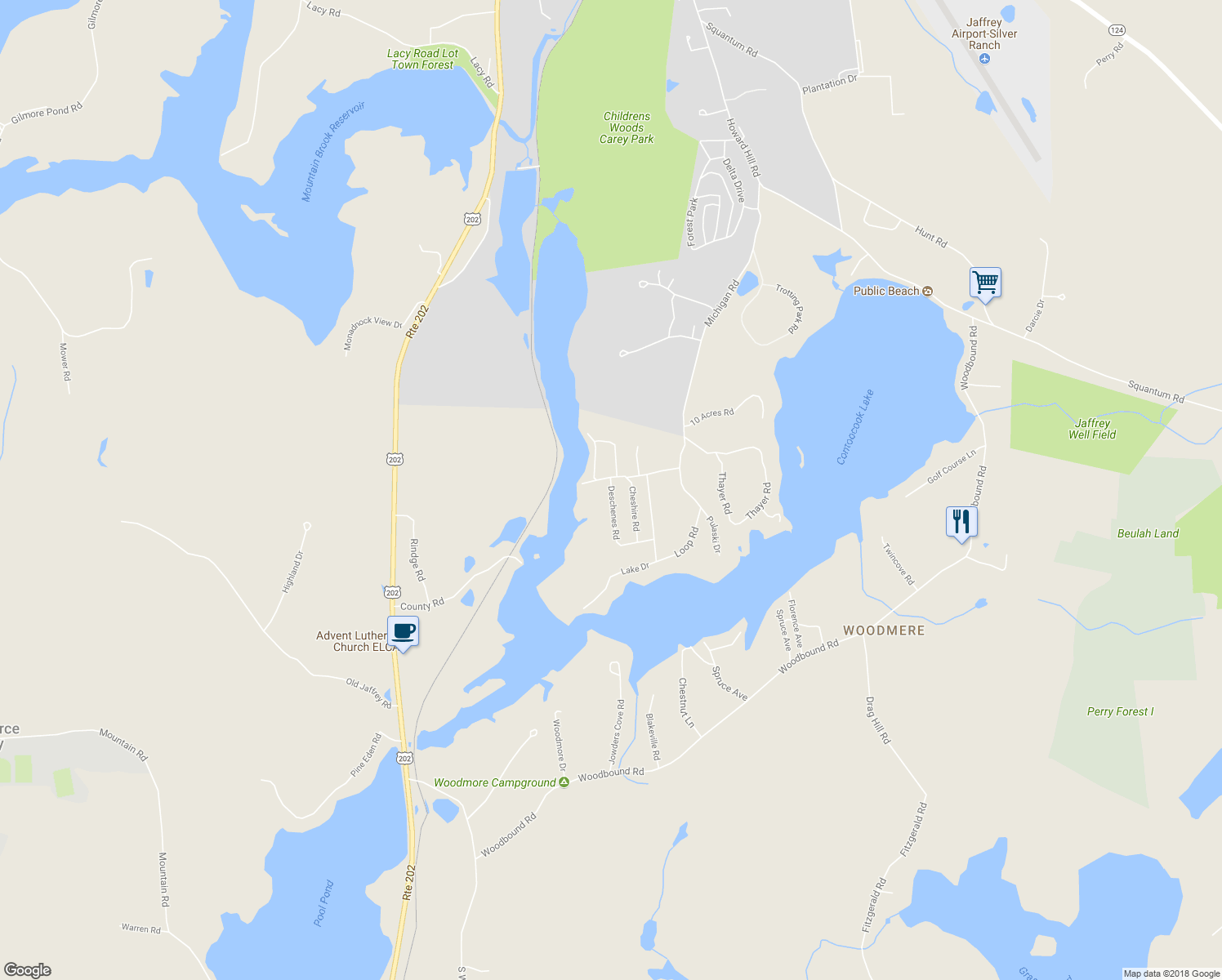 map of restaurants, bars, coffee shops, grocery stores, and more near 39 Monadnock Road in Rindge