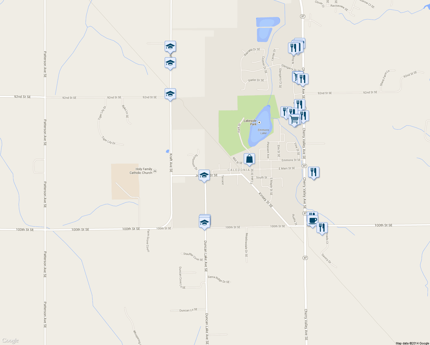 map of restaurants, bars, coffee shops, grocery stores, and more near 320 Johnson Street Southeast in Caledonia