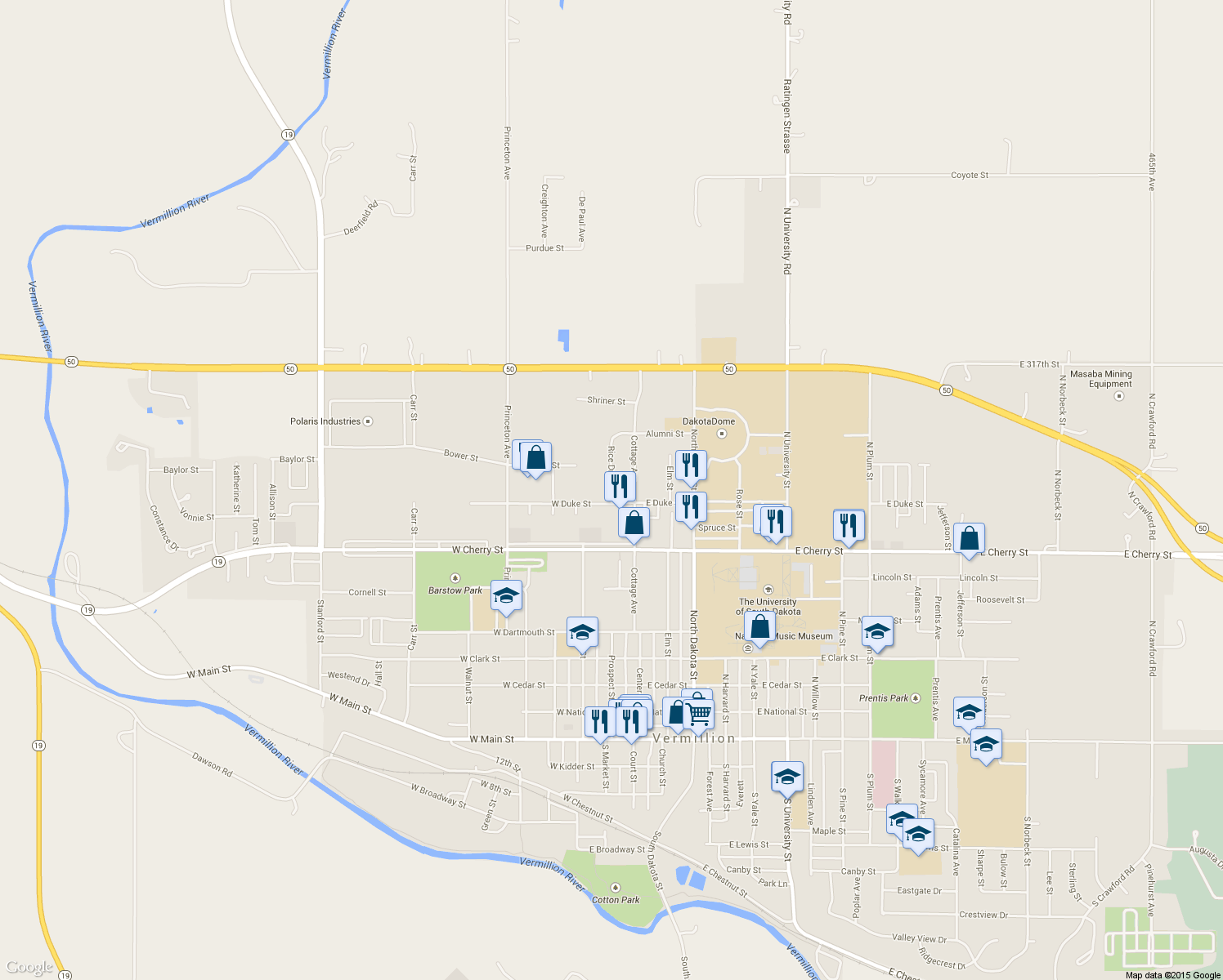 map of restaurants, bars, coffee shops, grocery stores, and more near 1021 Rice Drive in Vermillion