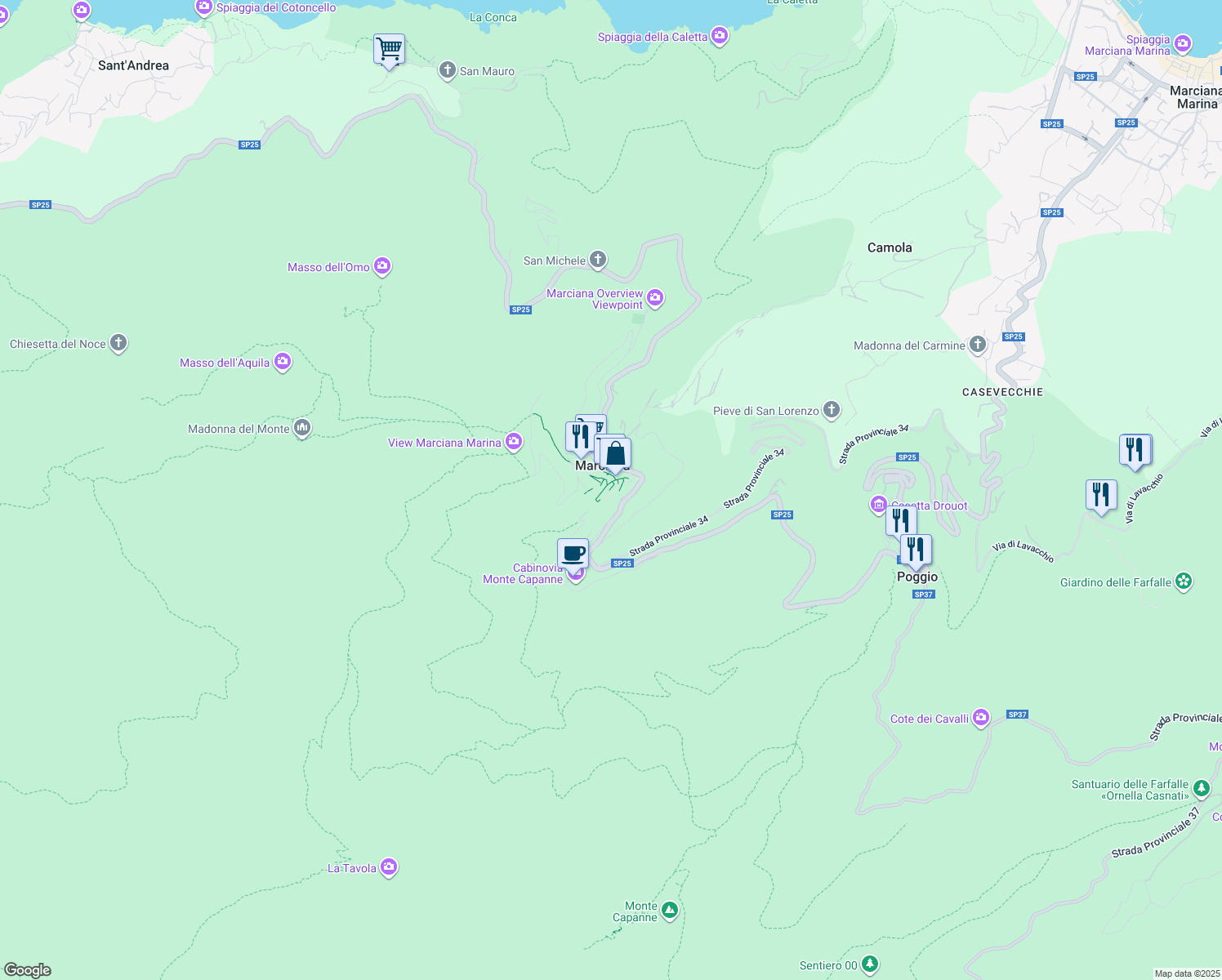 map of restaurants, bars, coffee shops, grocery stores, and more near 10 Via delle Mura in Marciana