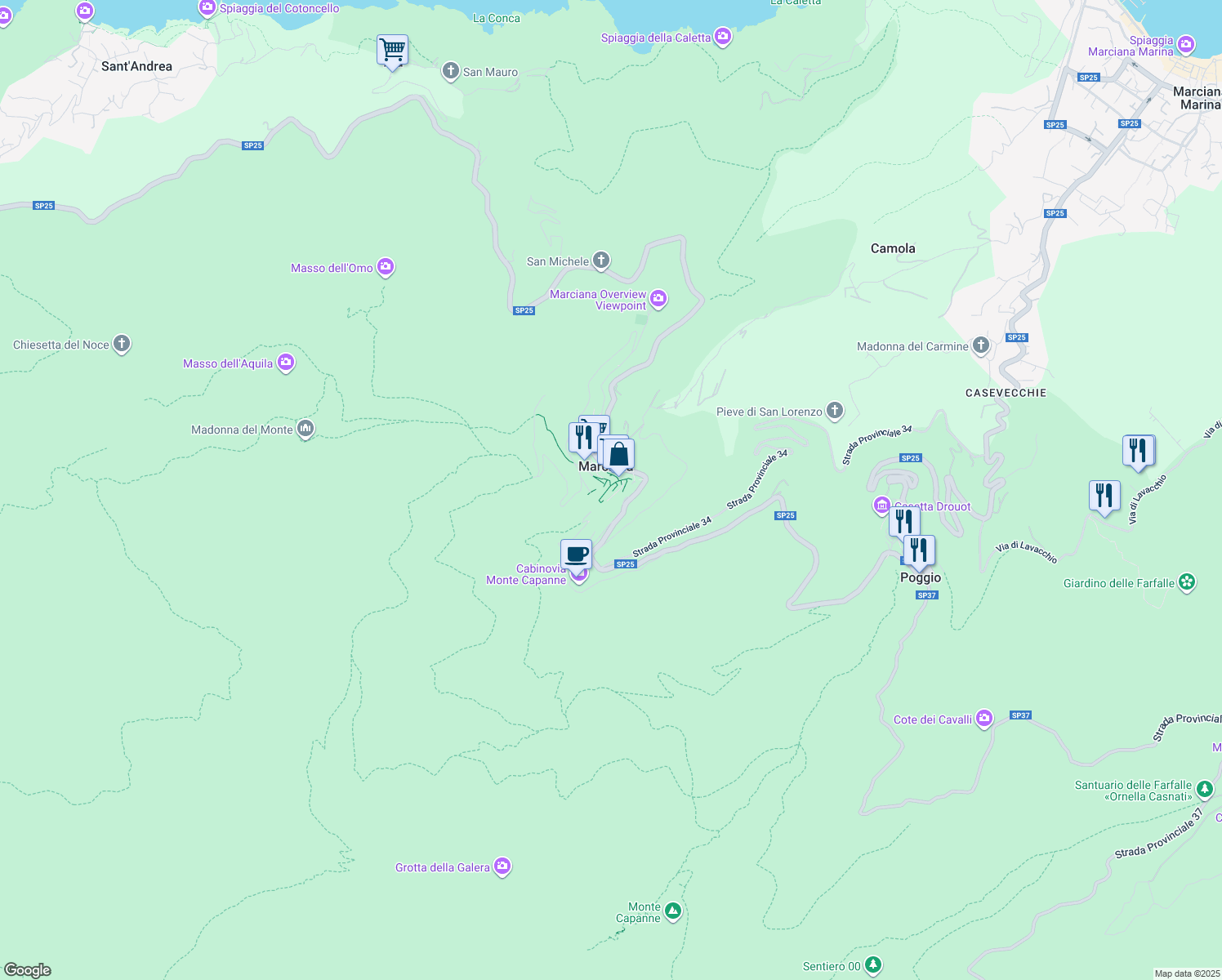 map of restaurants, bars, coffee shops, grocery stores, and more near 10 Via delle Mura in Marciana