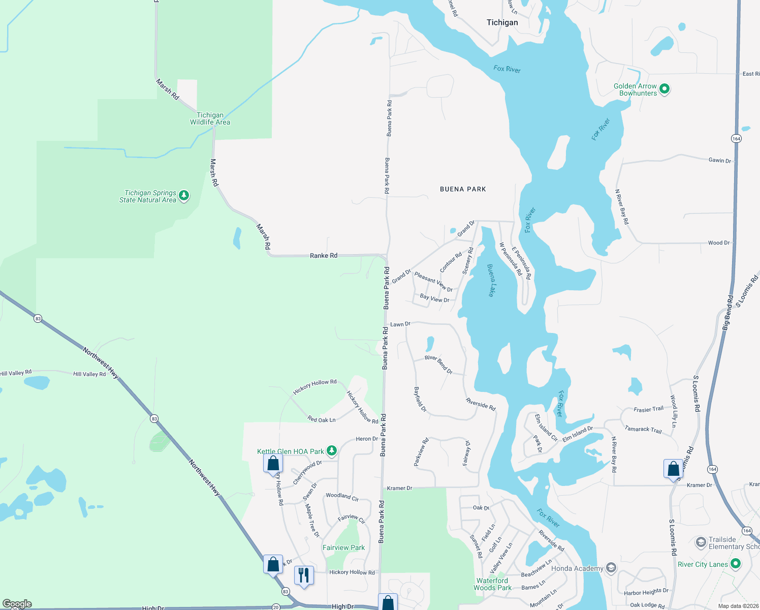 map of restaurants, bars, coffee shops, grocery stores, and more near 5320 Buena Park Road in Waterford