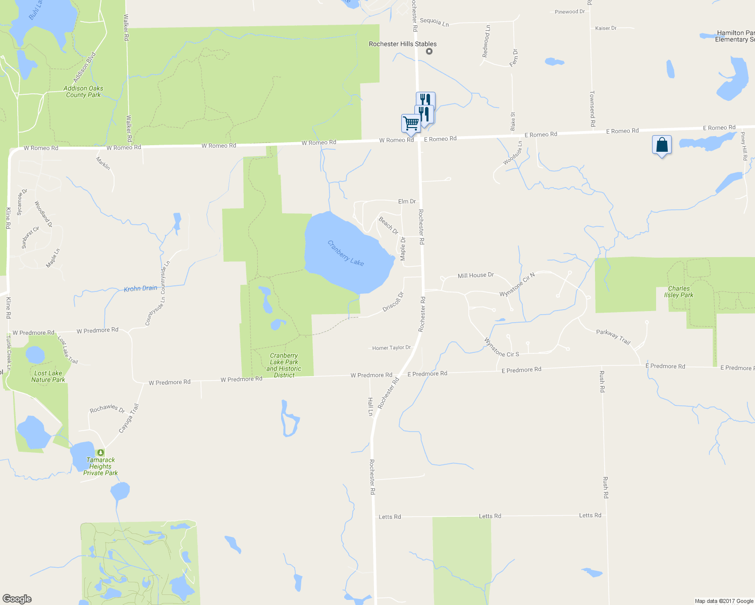 map of restaurants, bars, coffee shops, grocery stores, and more near 650 Driscoll Drive in Oakland charter Township