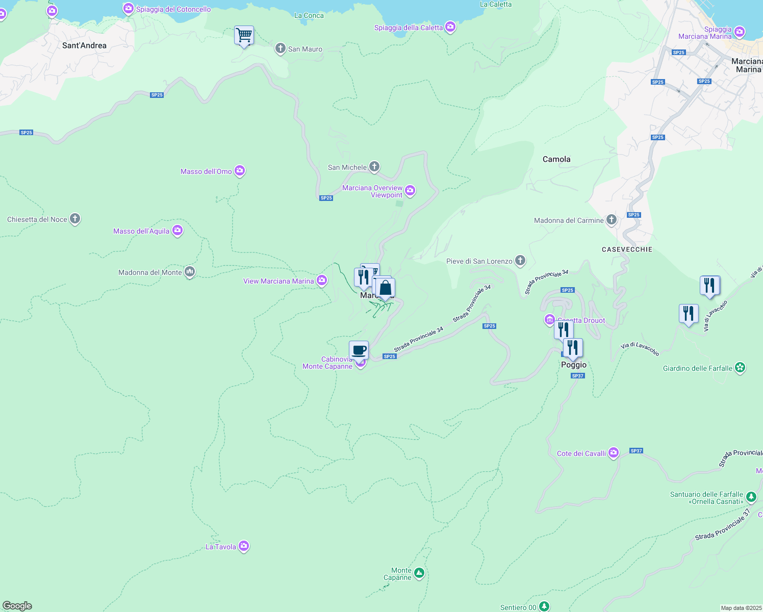 map of restaurants, bars, coffee shops, grocery stores, and more near 10 Via delle Mura in Marciana