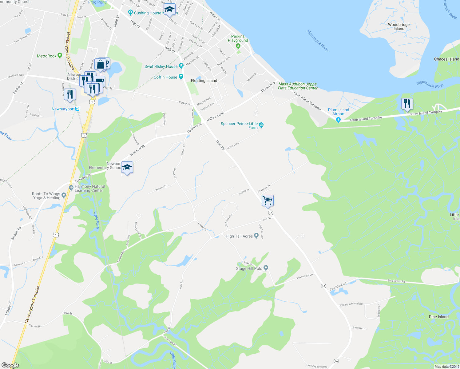 map of restaurants, bars, coffee shops, grocery stores, and more near 84 High Road in Newbury