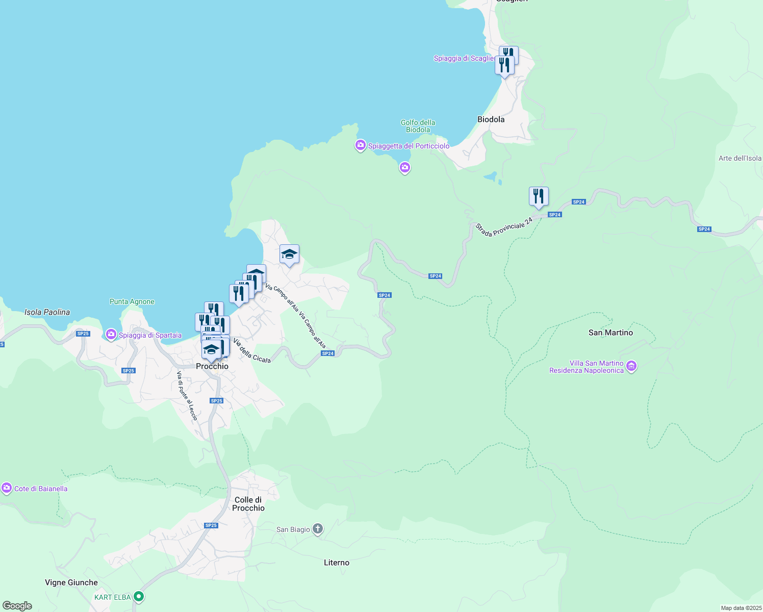 map of restaurants, bars, coffee shops, grocery stores, and more near 13 Via della Cicala in Provincia di Livorno
