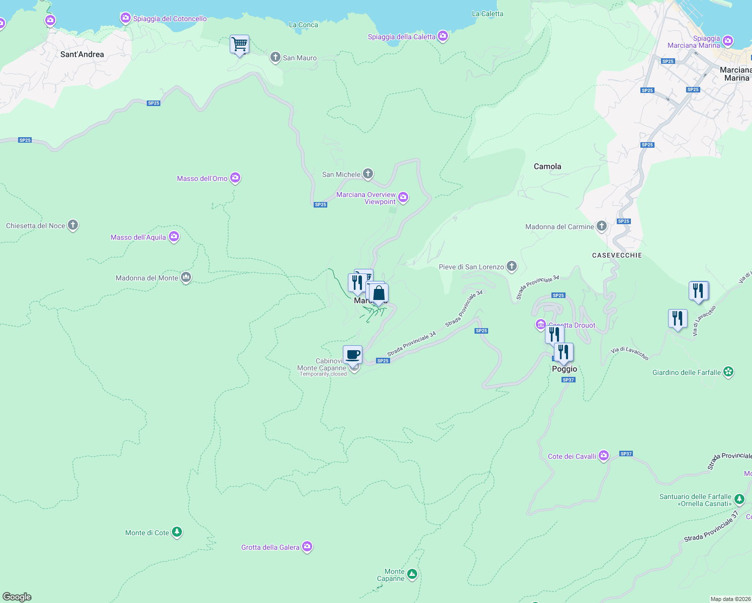 map of restaurants, bars, coffee shops, grocery stores, and more near 22 Via Cà Dè Santi in Marciana