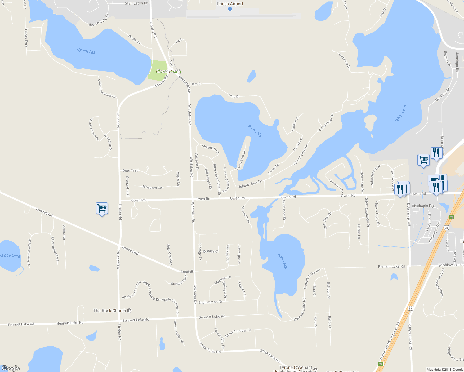 map of restaurants, bars, coffee shops, grocery stores, and more near 16227 Pine Lake Forest Court in Linden