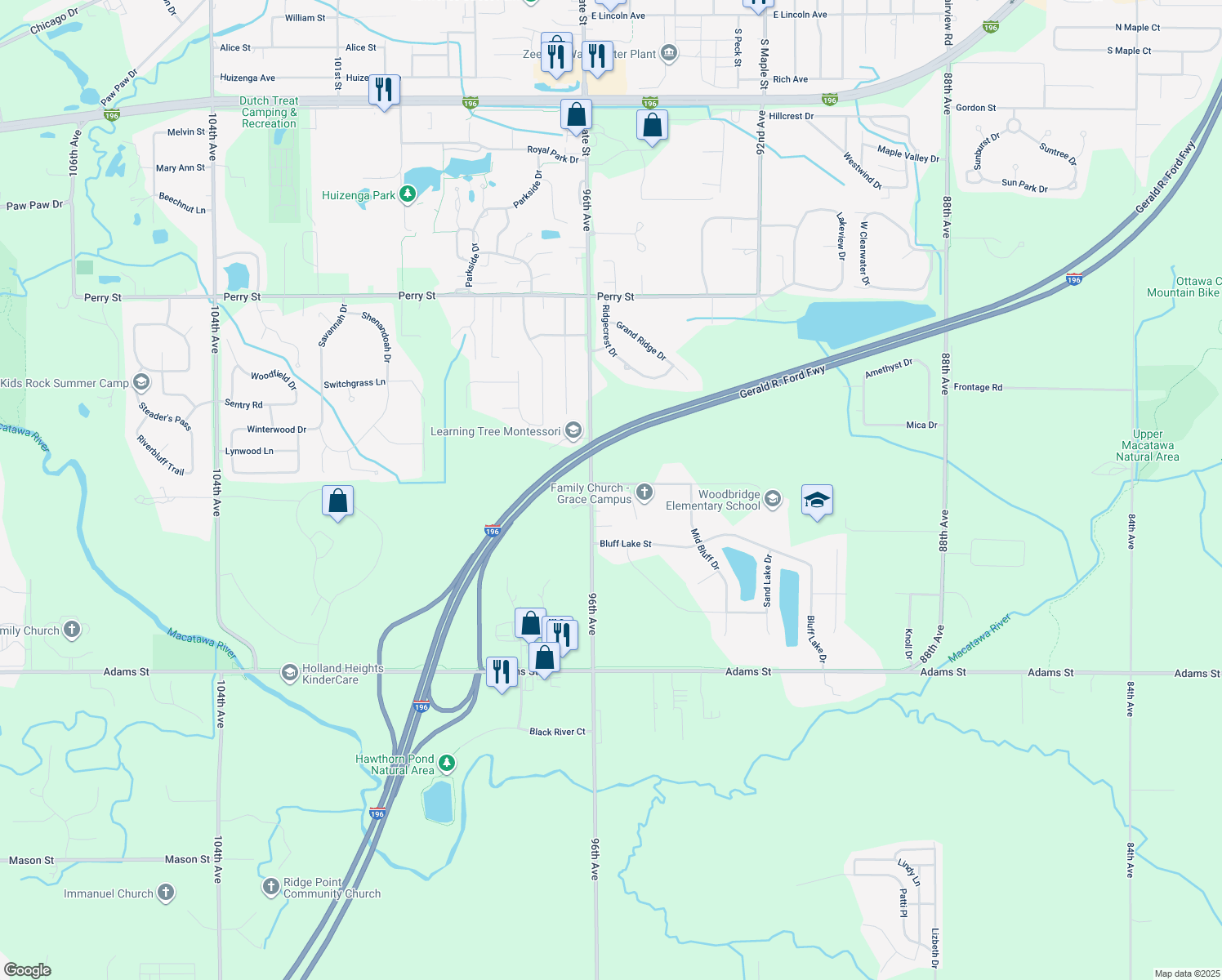 map of restaurants, bars, coffee shops, grocery stores, and more near 9560 Woodbridge Street in Zeeland