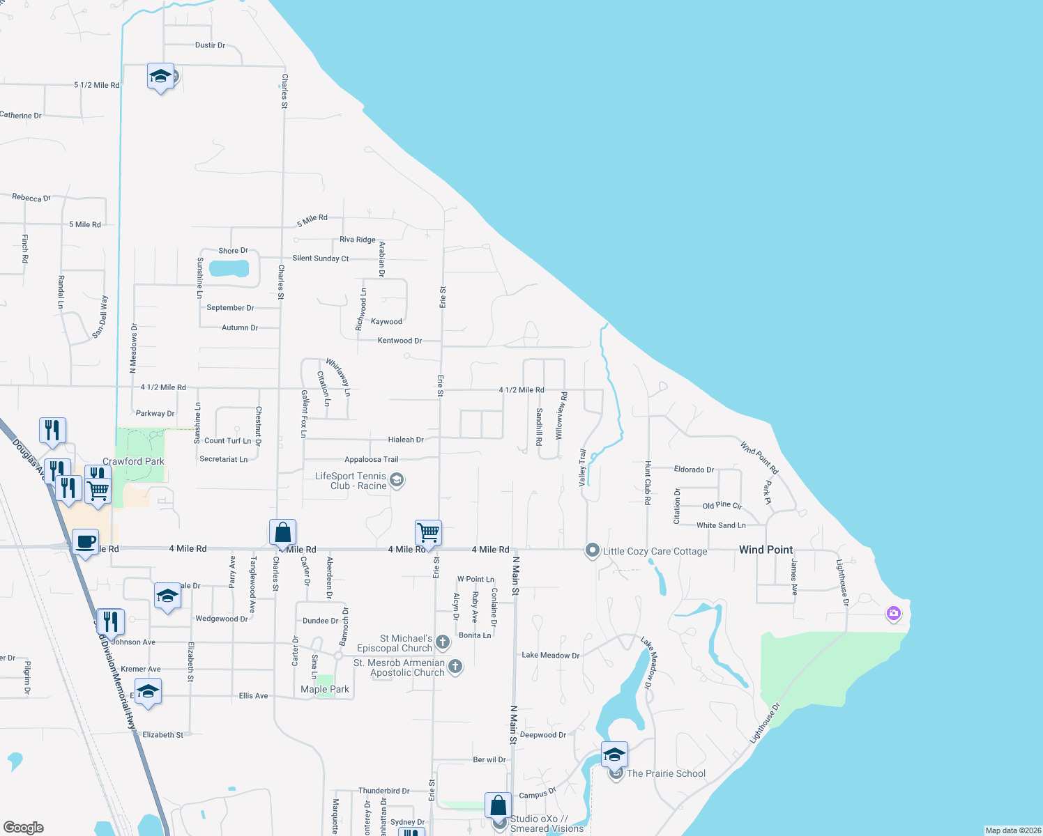 map of restaurants, bars, coffee shops, grocery stores, and more near 333 4 1/2 Mile Road in Racine