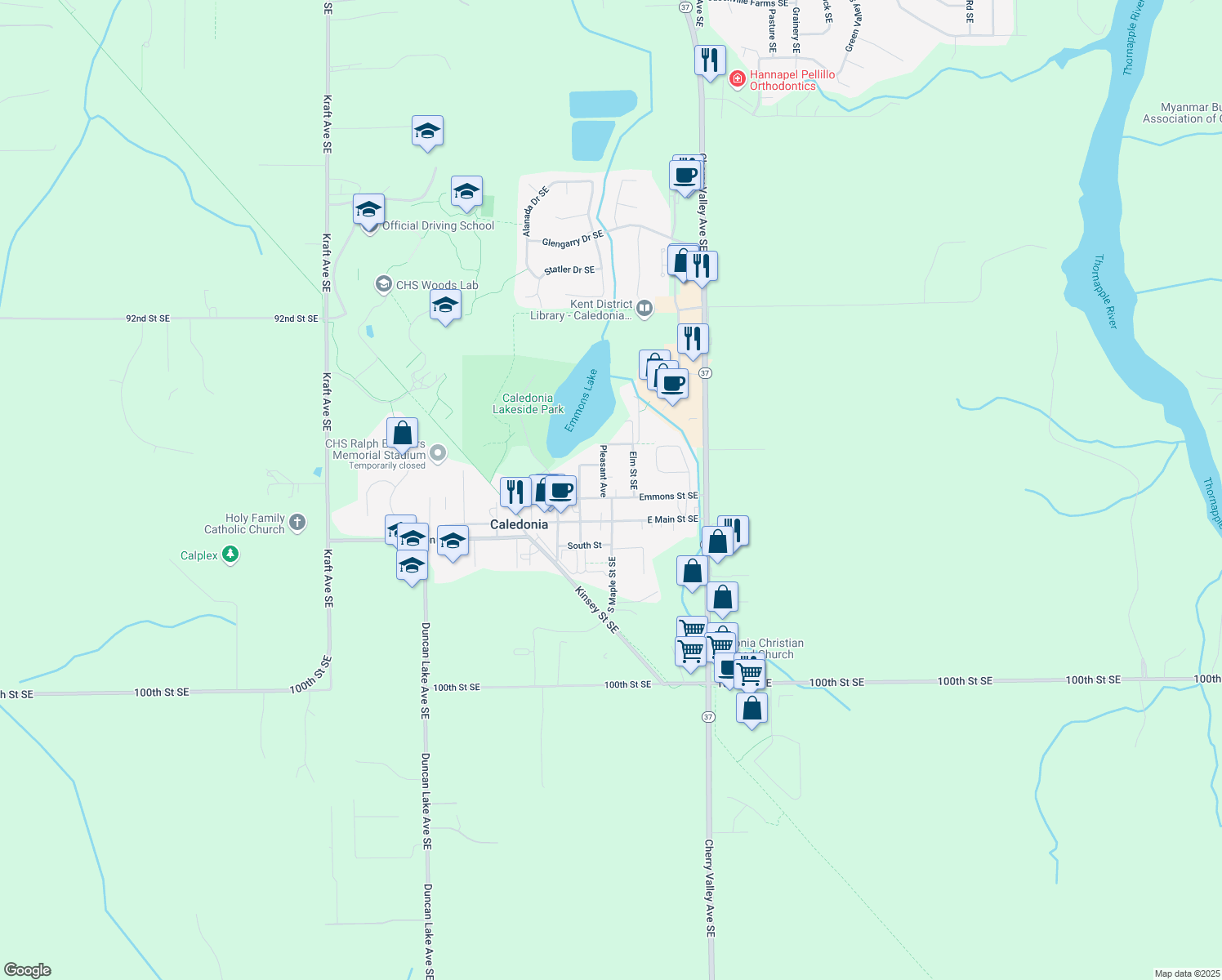 map of restaurants, bars, coffee shops, grocery stores, and more near 401 Emmons Street Southeast in Caledonia